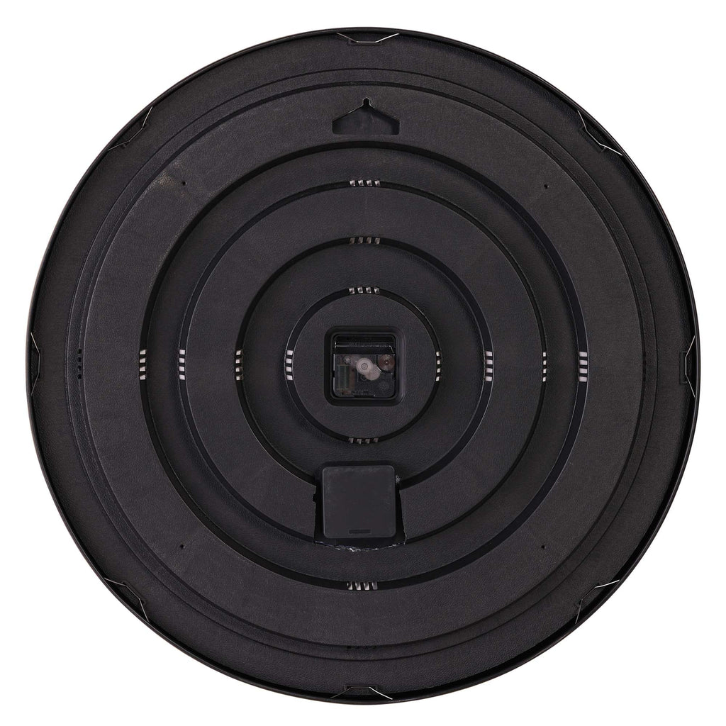 Top view of a circular black object with concentric rings and a central square section.