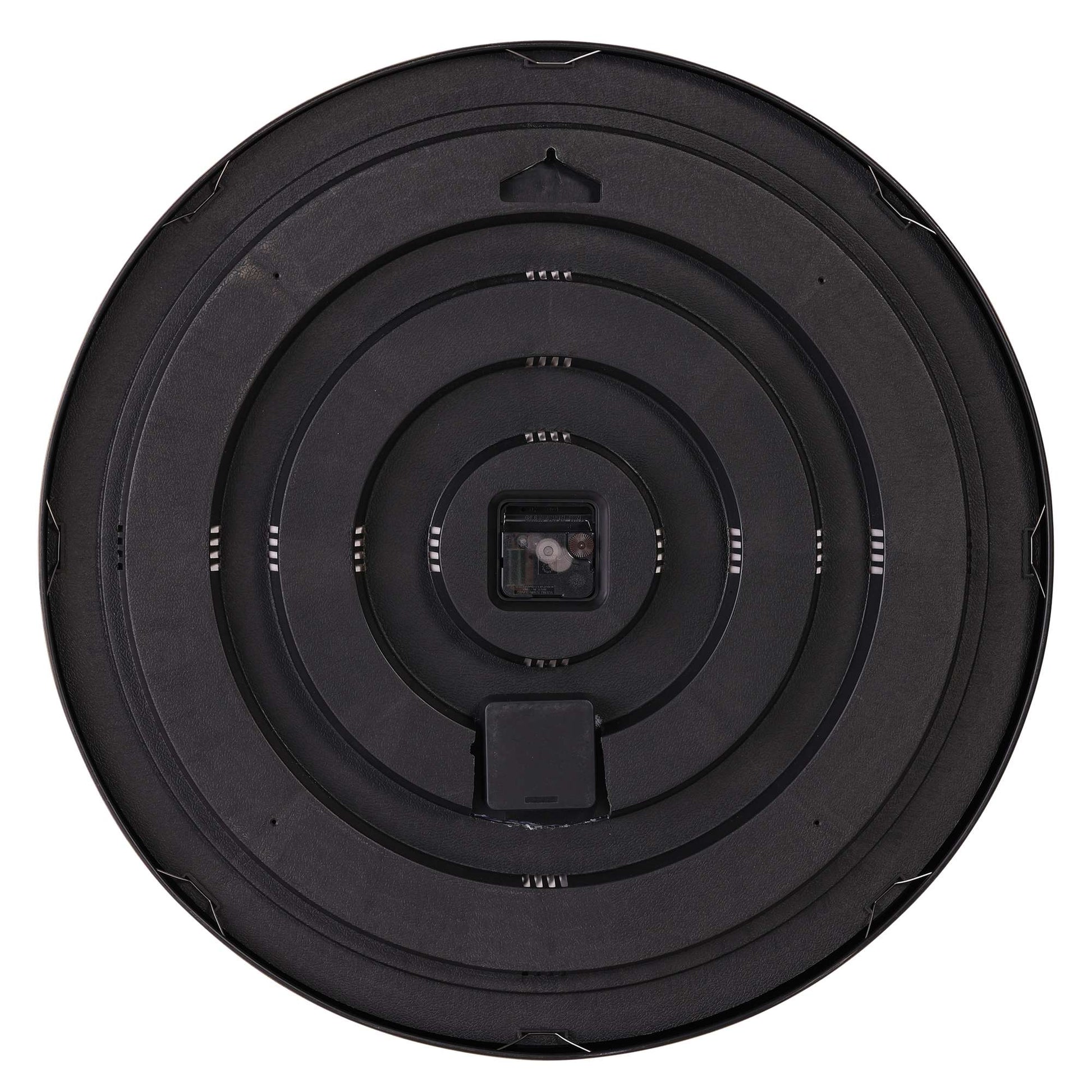 Top view of a circular black object with concentric rings and a central square section.