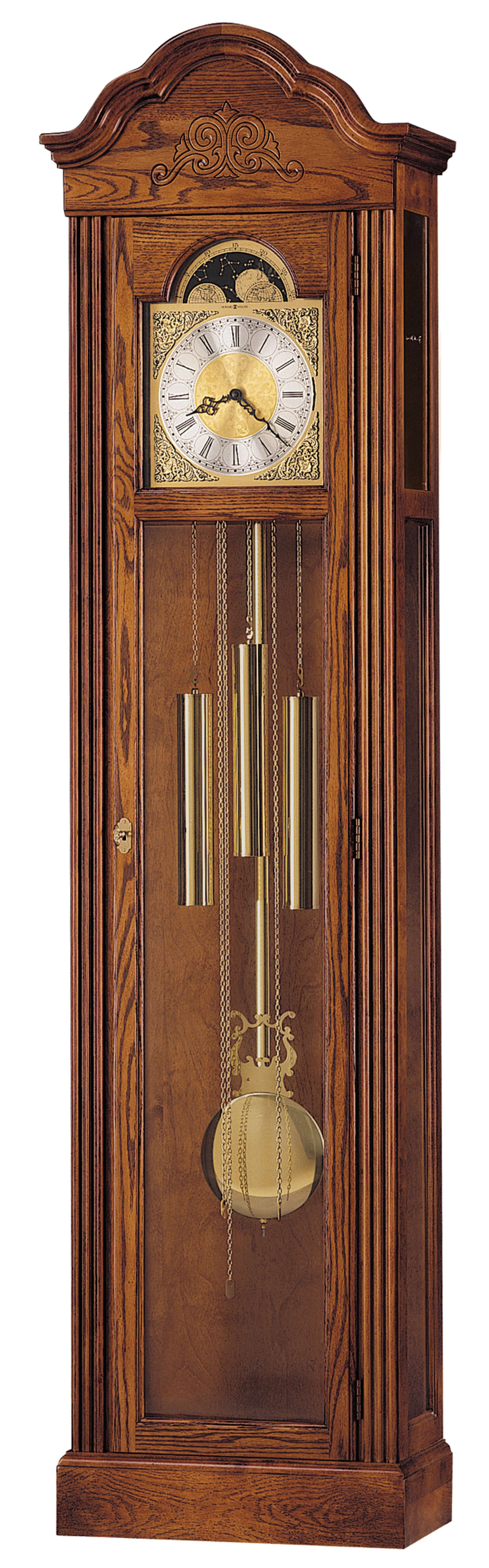 A wooden grandfather clock with a pendulum and chimes