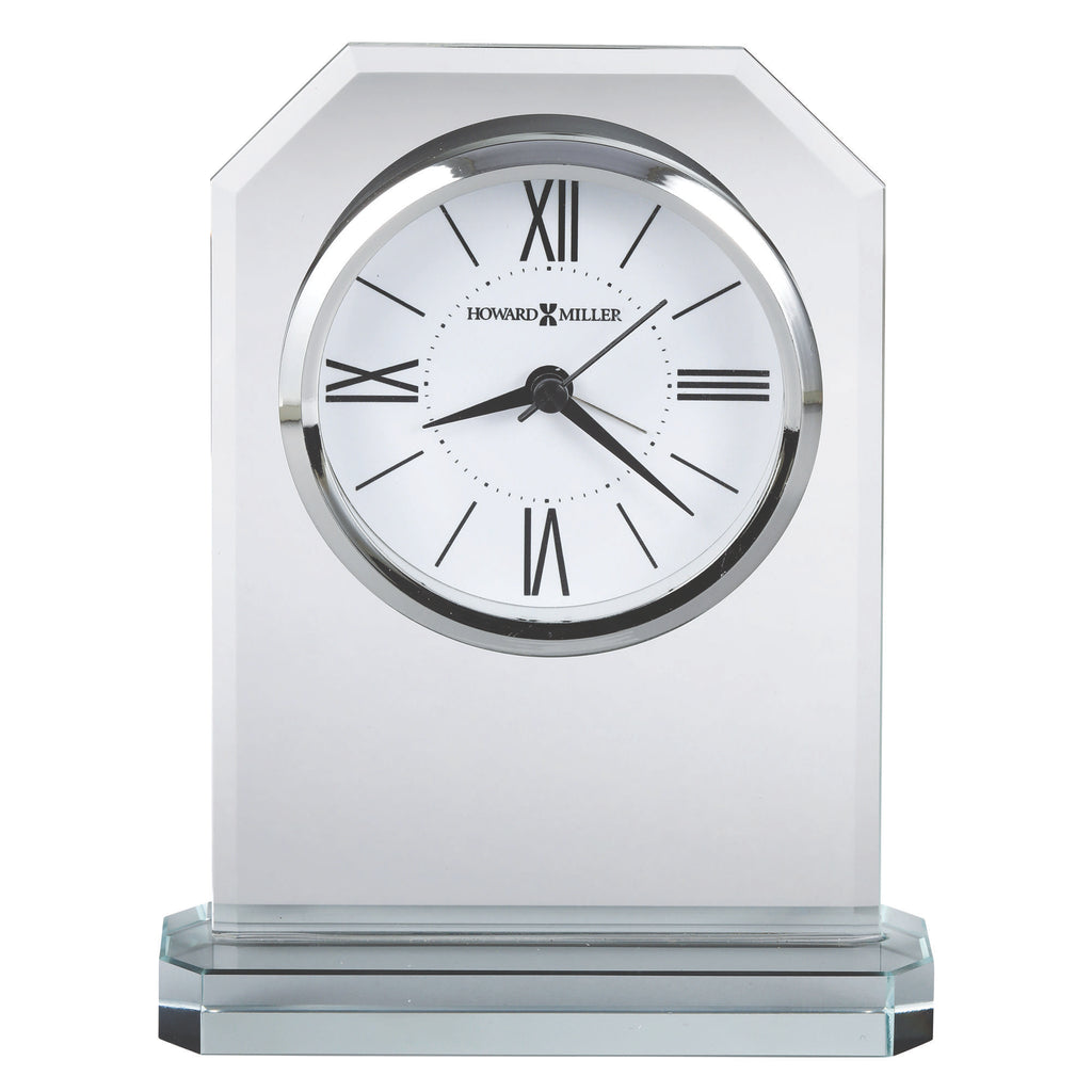 Elegant glass table clock with Roman numerals and a sleek design.