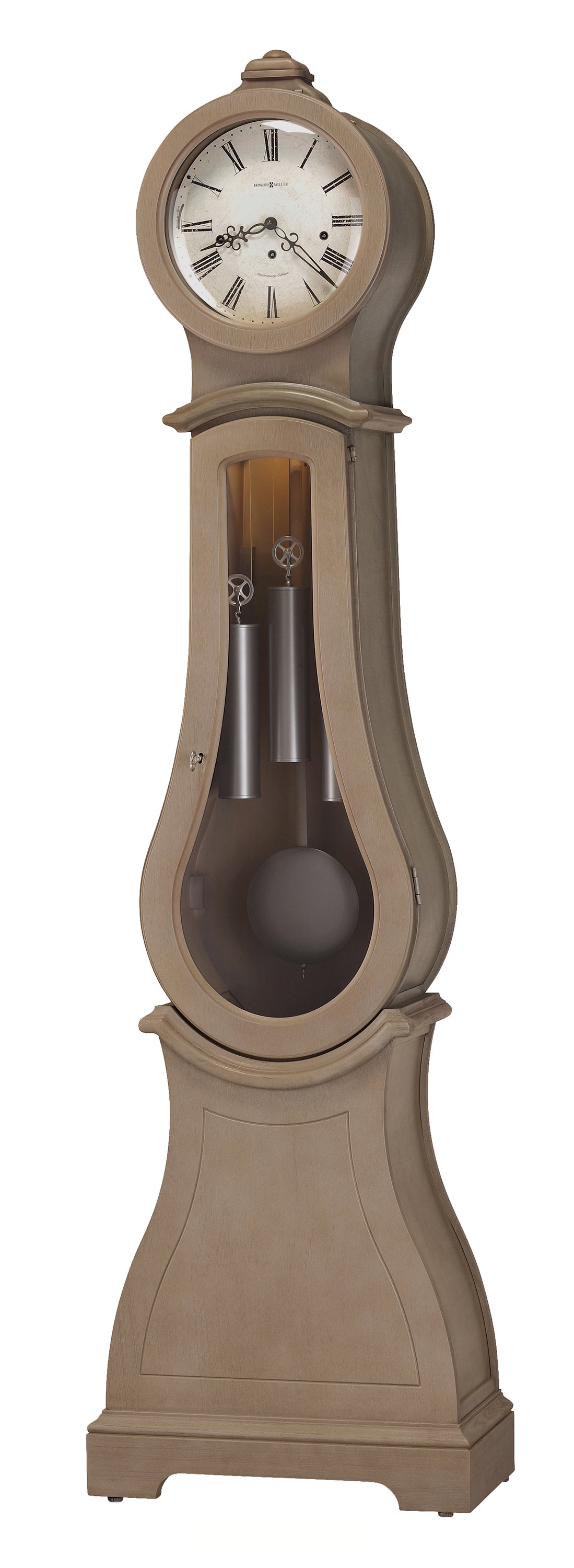 Tall, vintage-style pendulum clock with a round face and wooden casing.