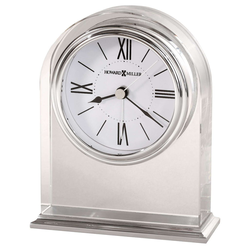 A stylish glass desk clock with Roman numerals and a sleek design.