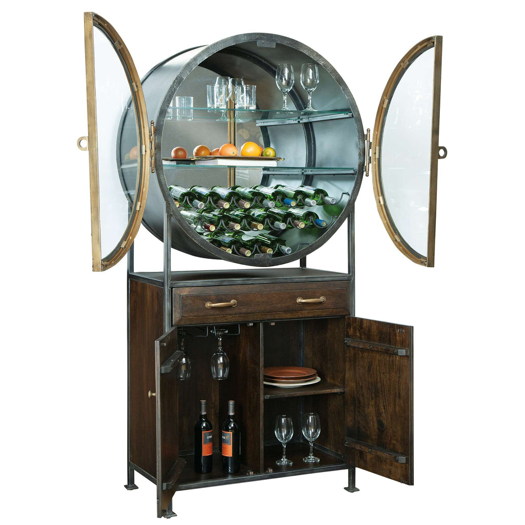 Stylish circular bar cabinet with glass shelves and door, featuring wine storage and a wooden base.