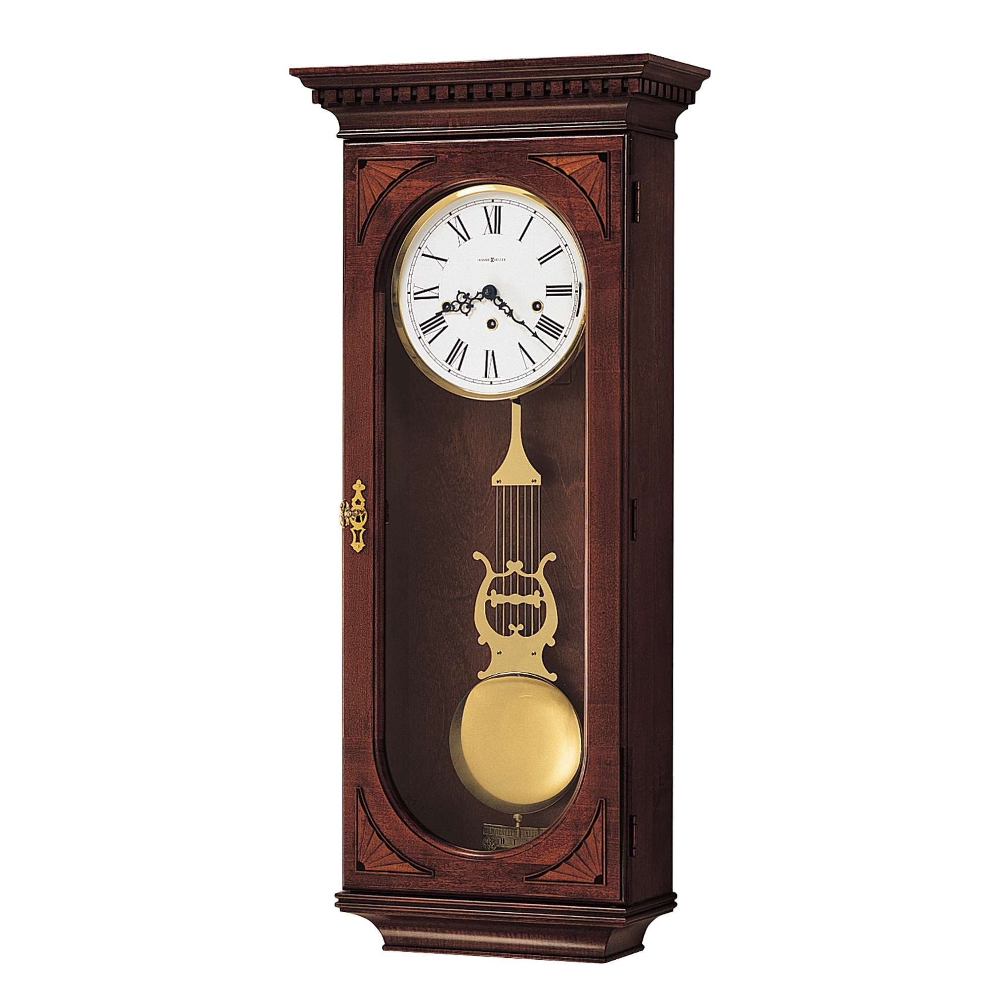Wooden grandfather clock with a glass front and decorative design.