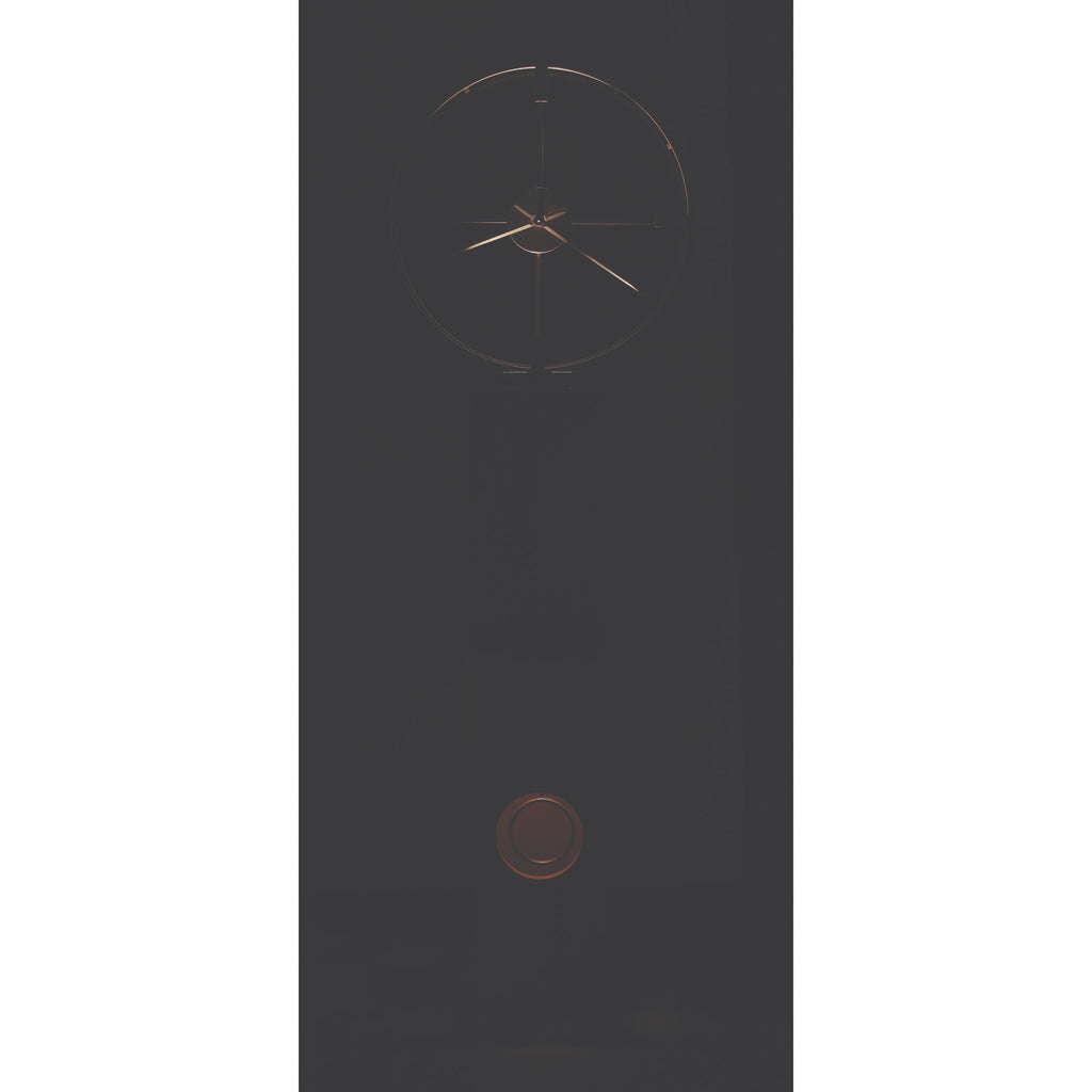 A minimalist clock with a dark background and rose gold accents.