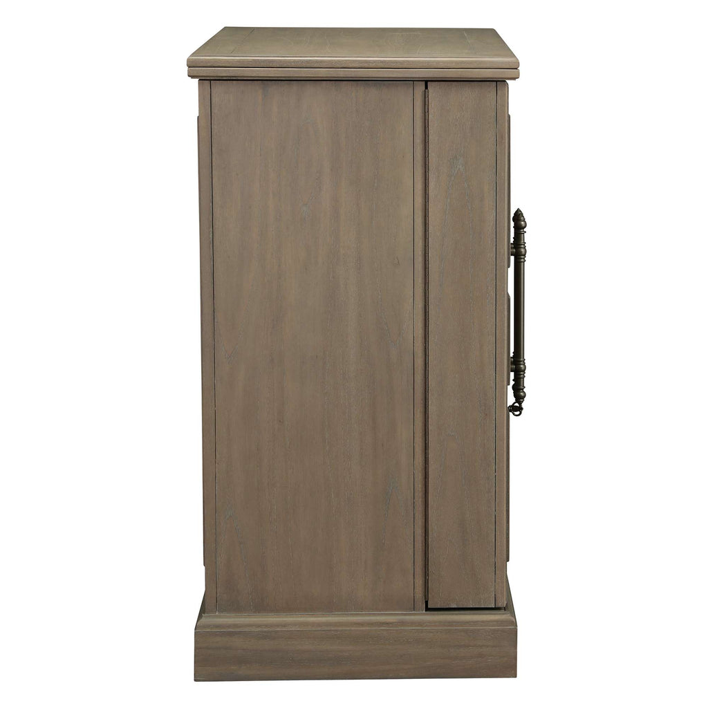 A tall, narrow wooden cabinet with a door and a decorative handle.