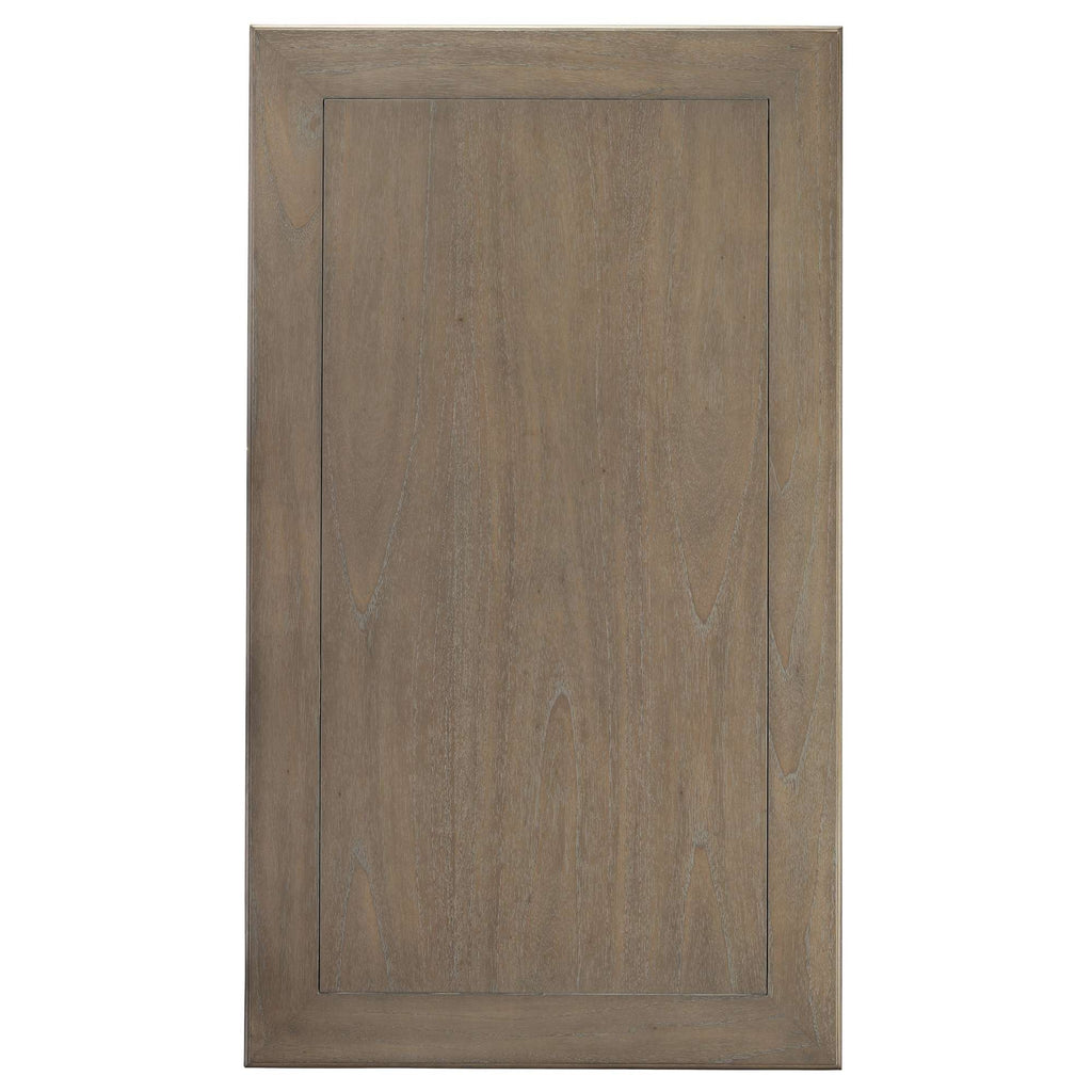 A wooden cabinet door with a simple, classic design in a muted brown finish.