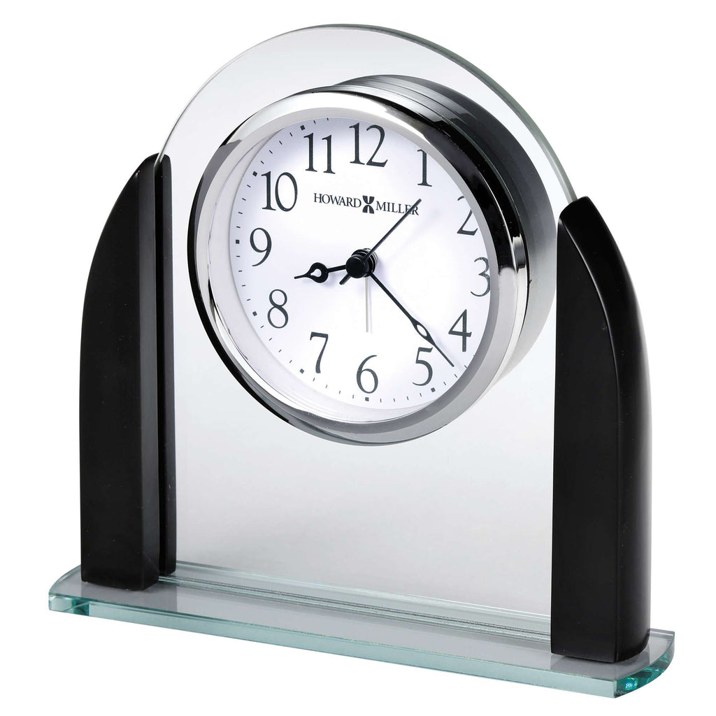 A decorative clock with a clear glass base and black accents.