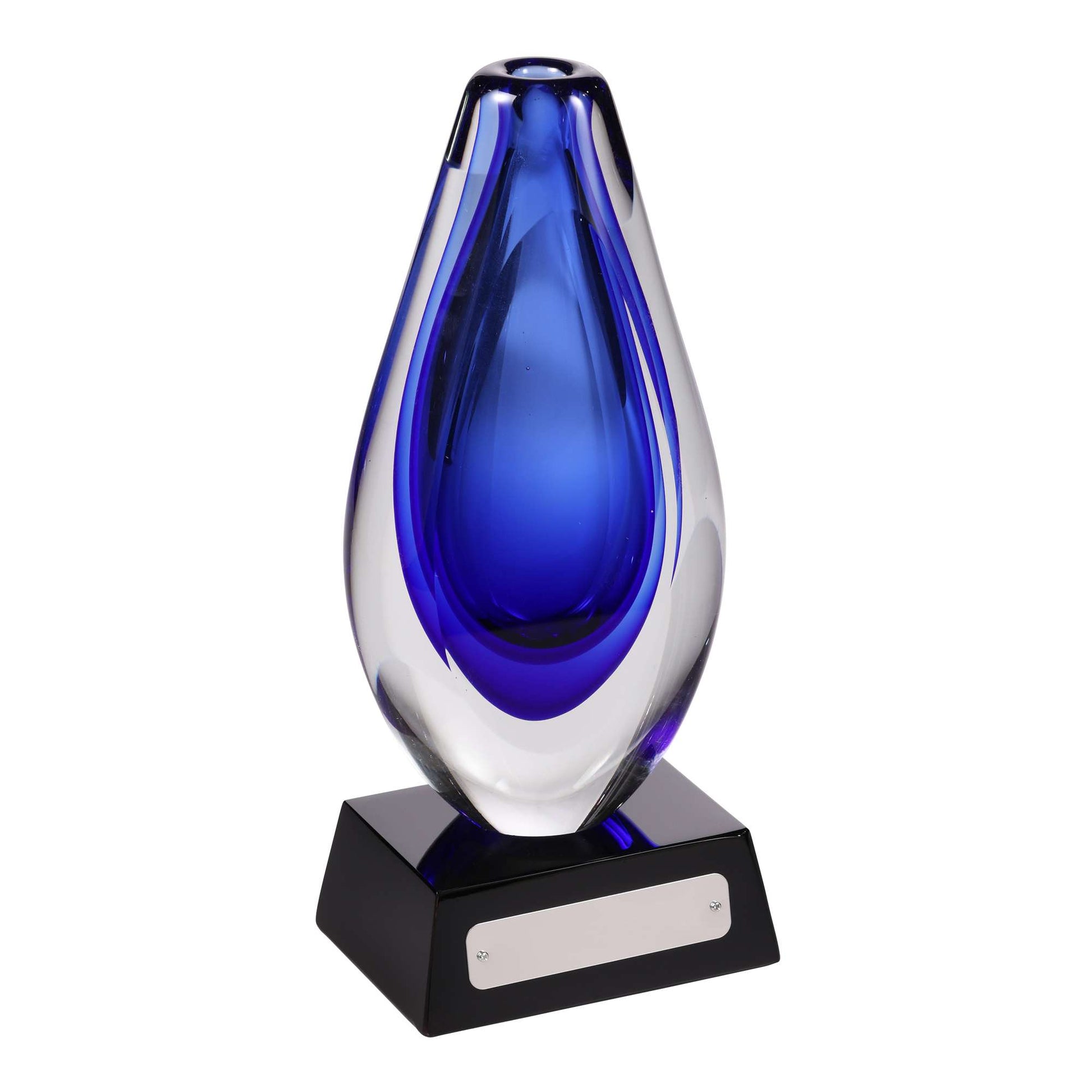 A blue decorative glass award trophy on a black base.