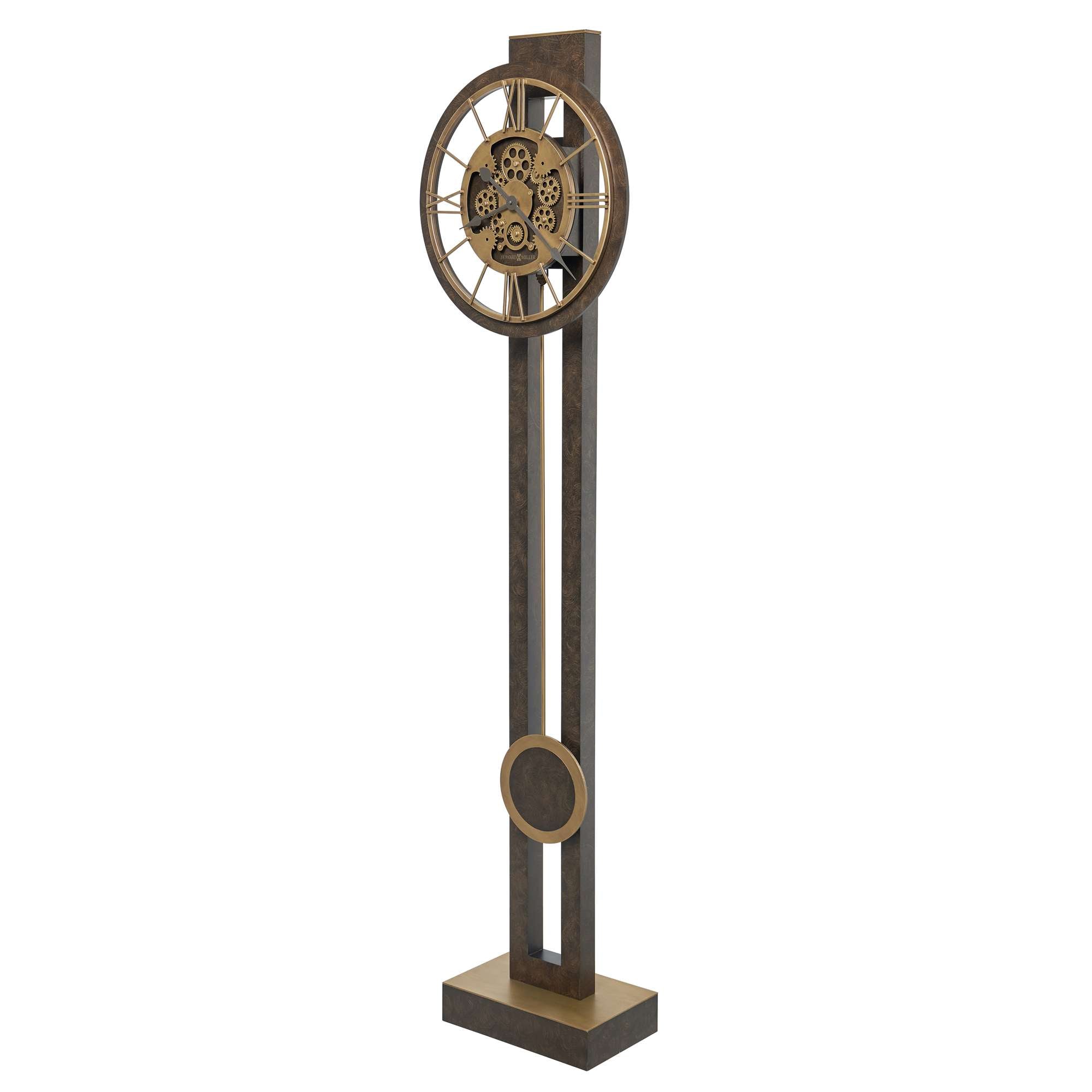 A tall, decorative clock with a circular face and a modern design.