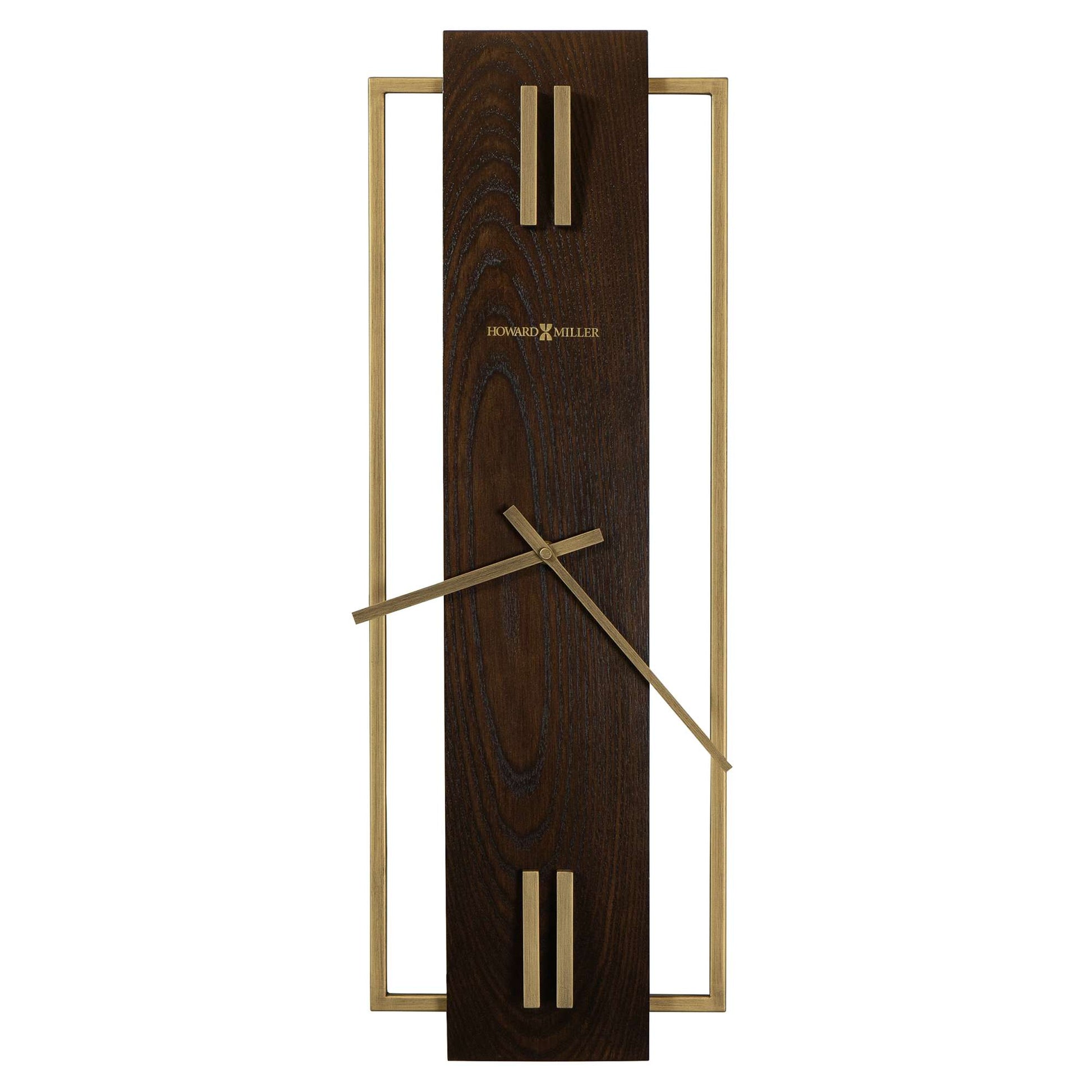 Modern wall clock with a wooden design and golden accents.