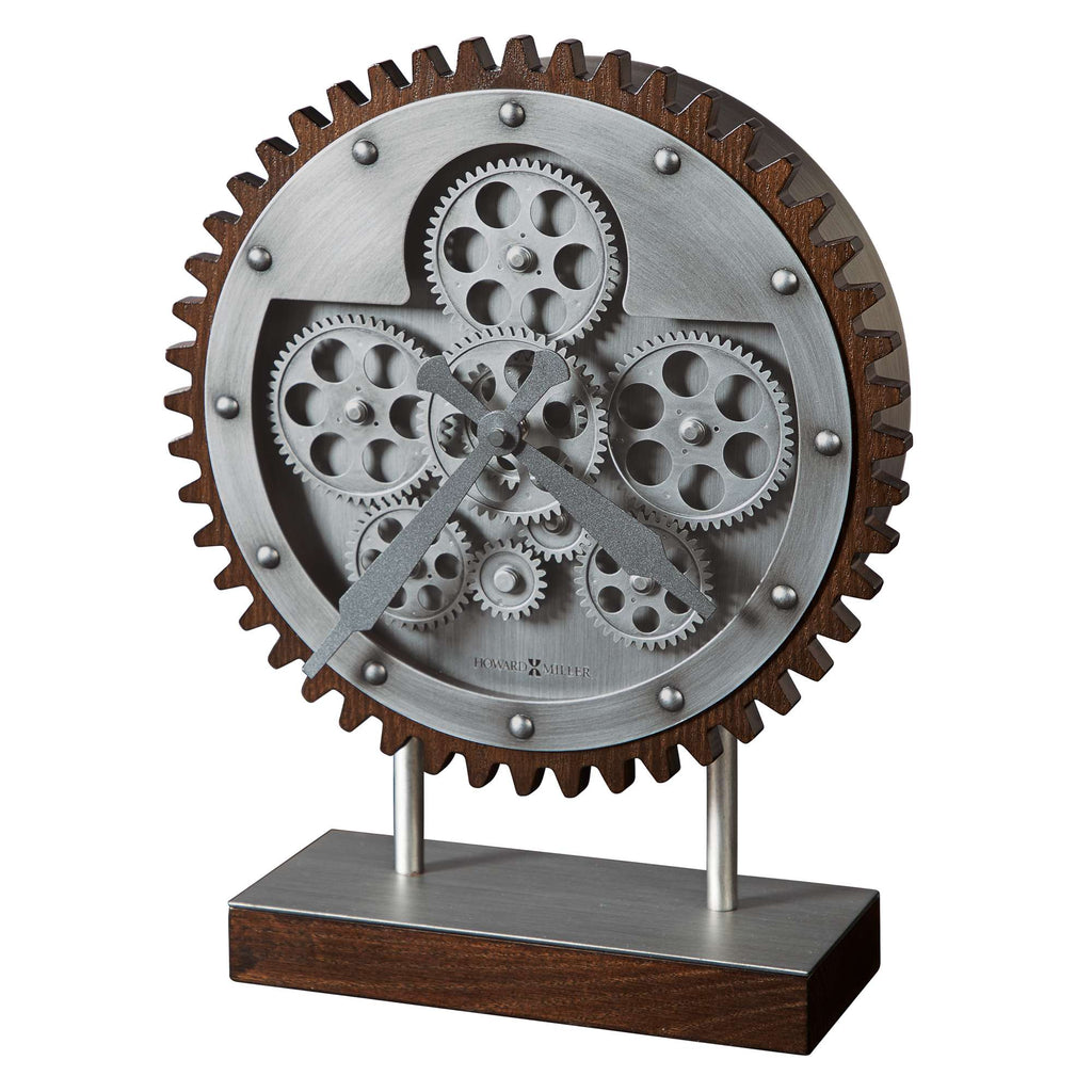Stylish gear-themed clock with a wooden base and metallic accents.