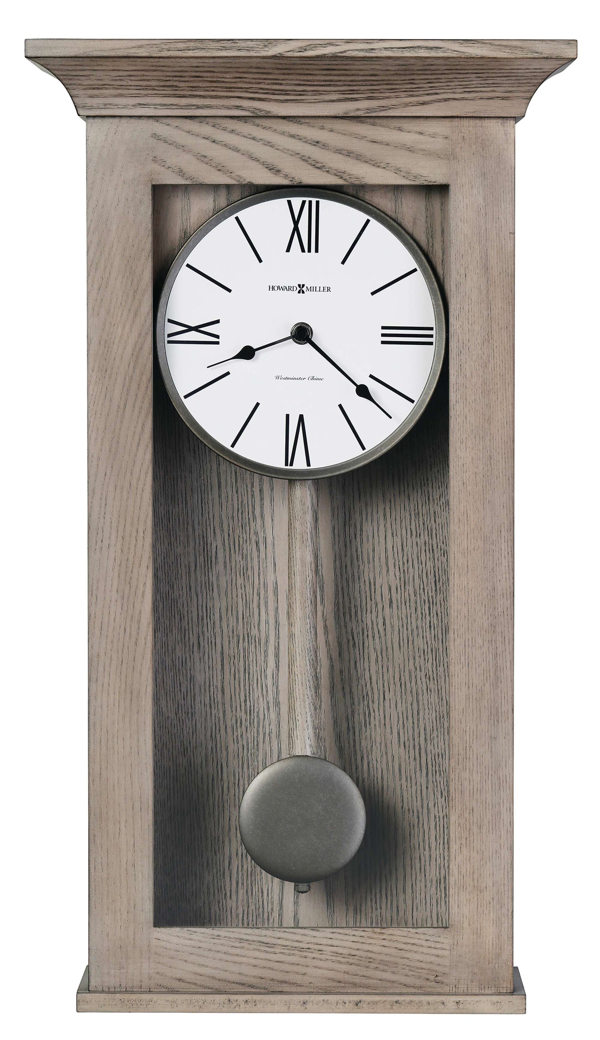 A vintage wall clock with a wooden frame, featuring Roman numerals on a white dial.