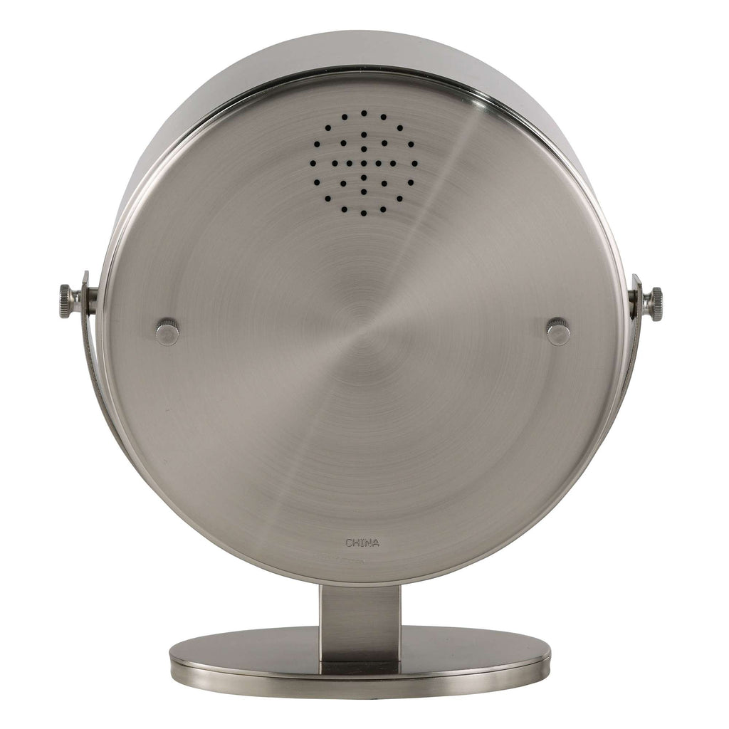 Back view of a sleek, modern stainless steel mirror with a circular design.
