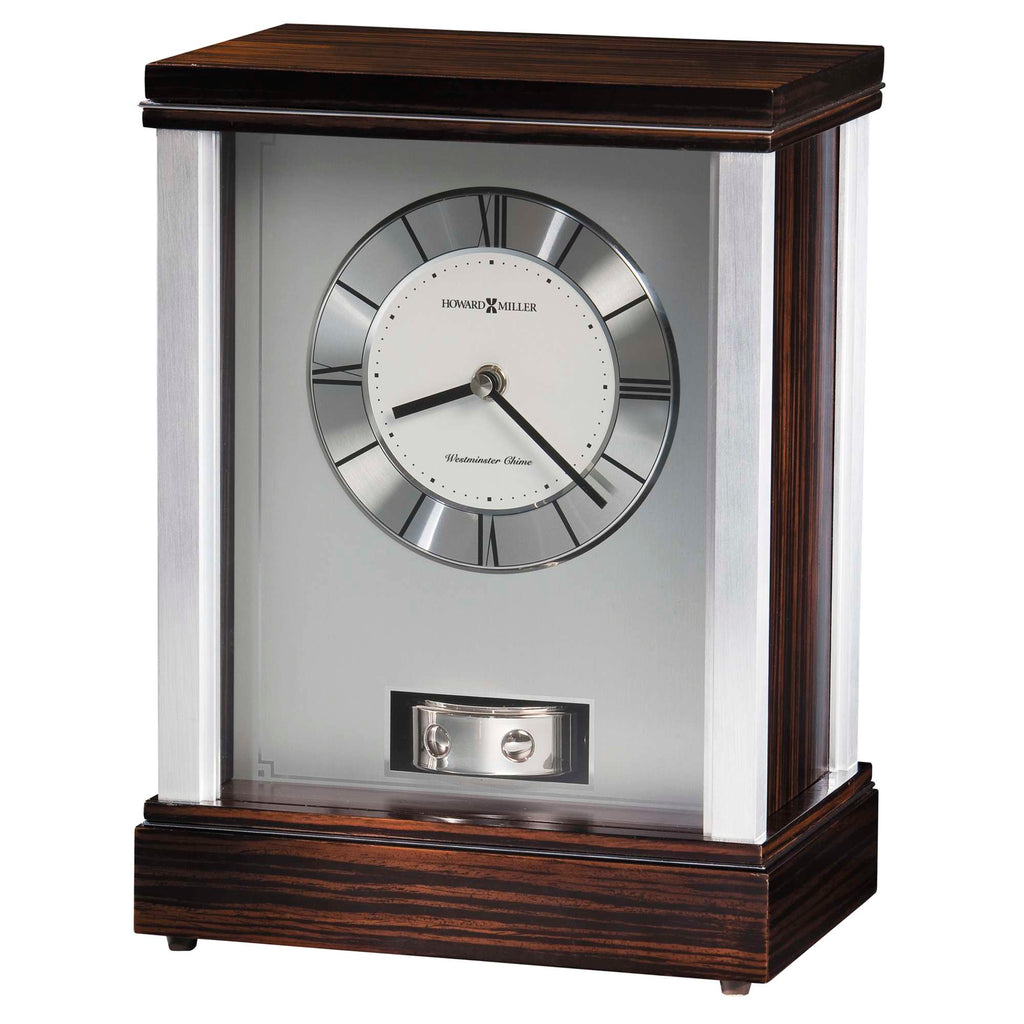 Elegant wooden mantel clock with silver accents and a round face.