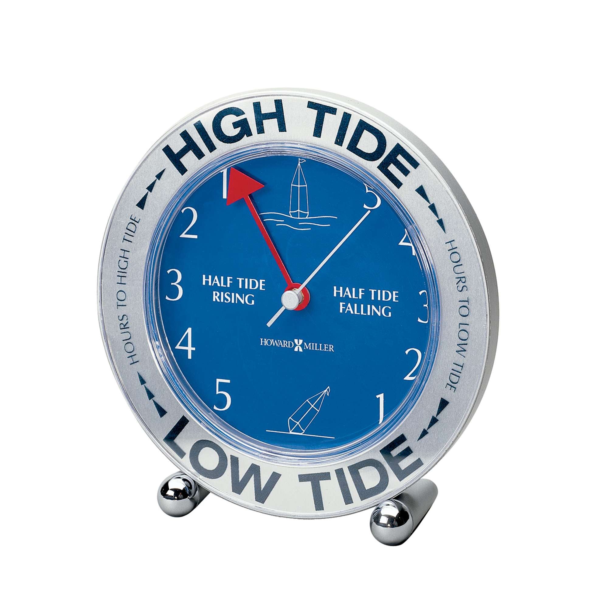 Tide clock displaying high tide and low tide indicators with a blue background.