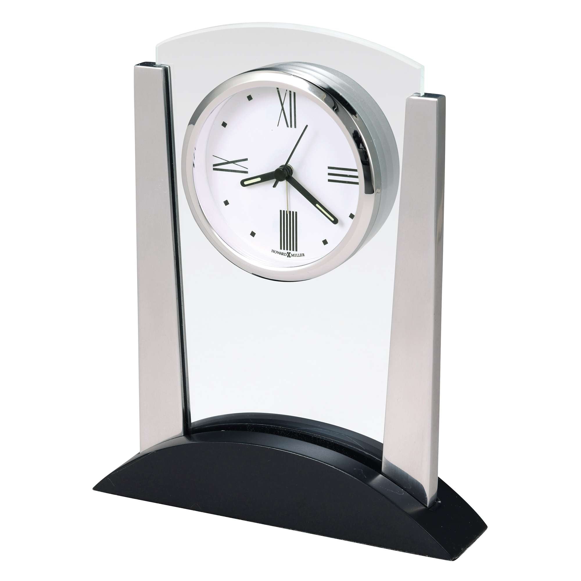 A modern tabletop clock with a sleek design featuring a white face and silver accents.
