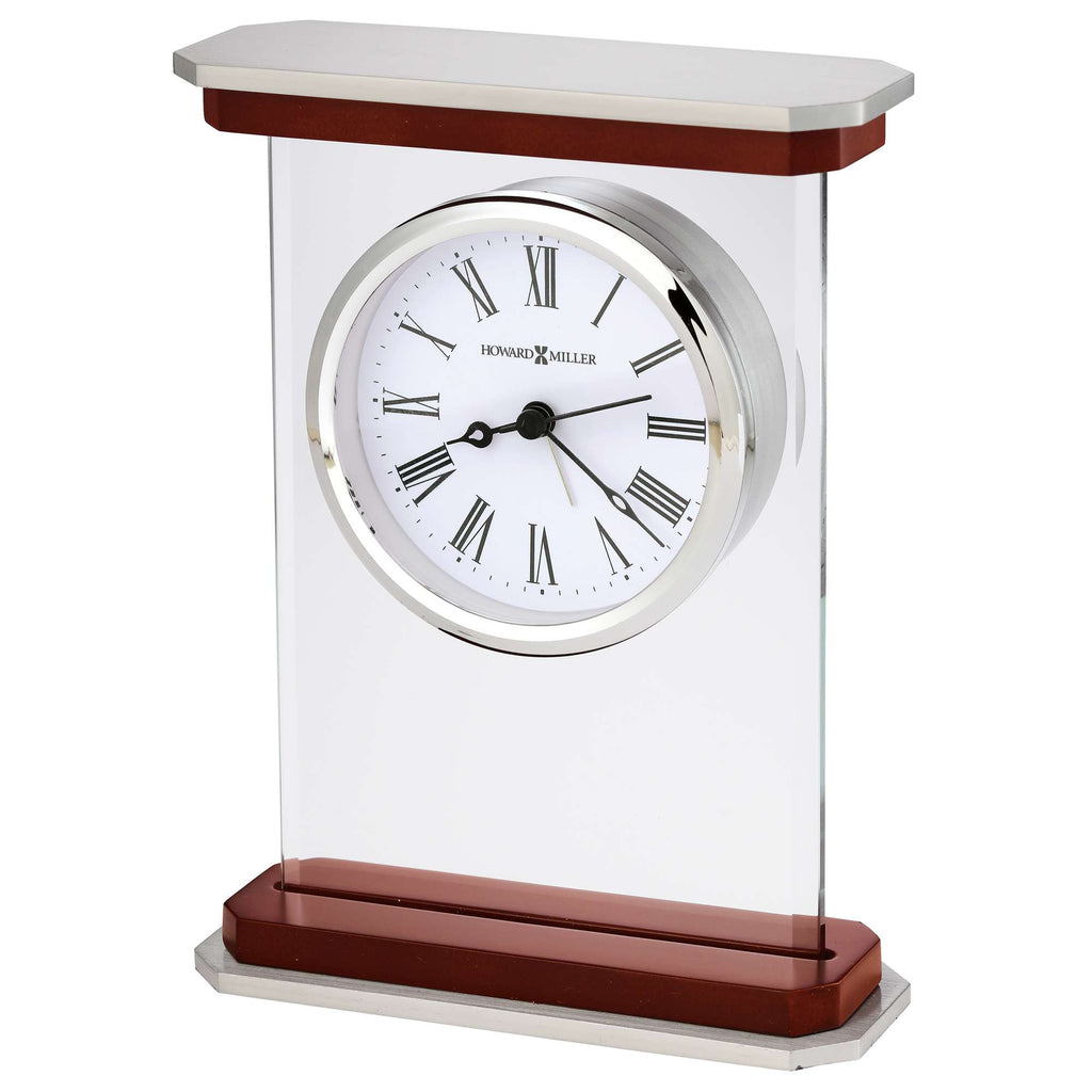 Elegant modern desktop clock with a clear frame and wooden base.