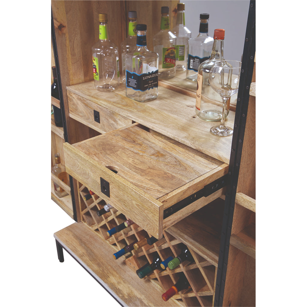 Wooden bar cart with bottles and a wine rack, featuring a drawer.