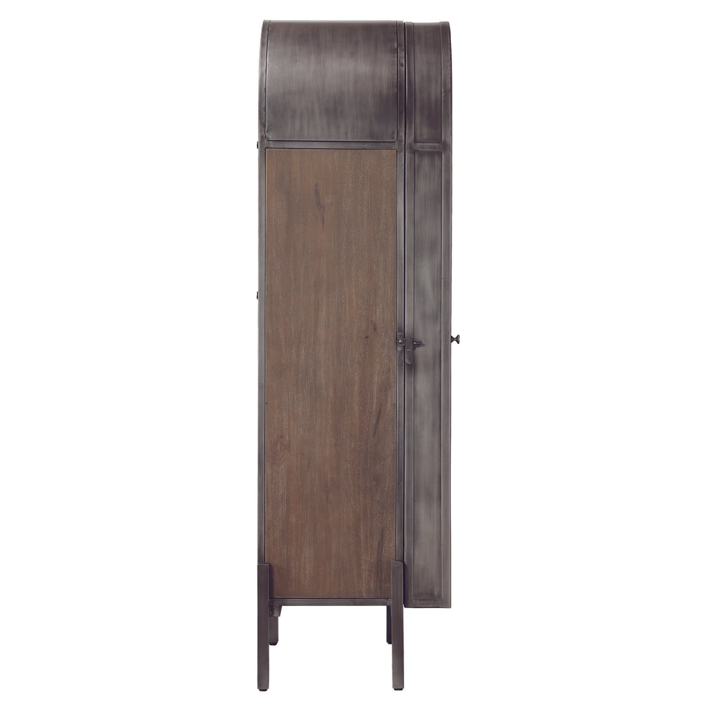 Tall, narrow wooden cabinet with a curved top and dark finish.