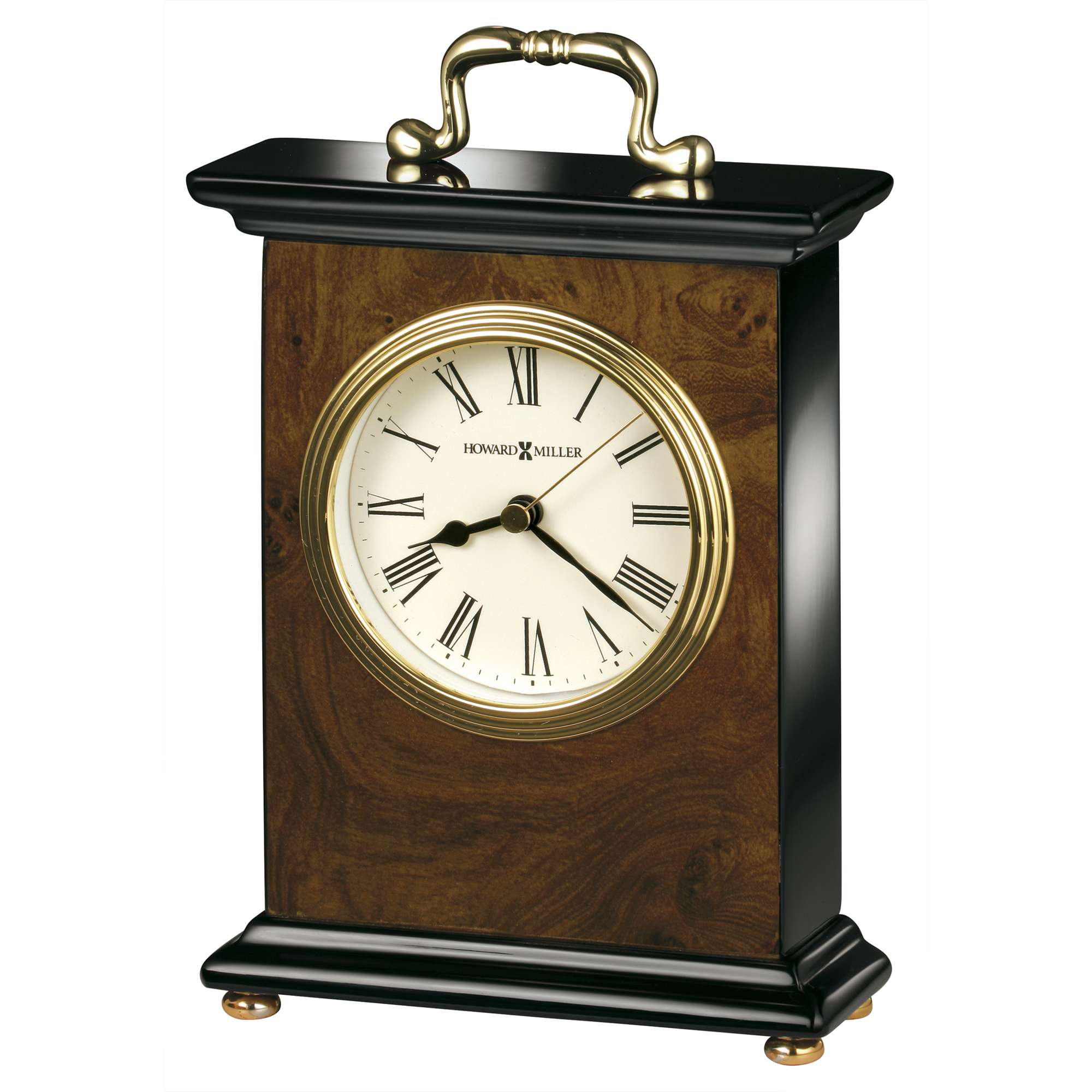 Antique-style mantel clock with Roman numerals and a wooden finish