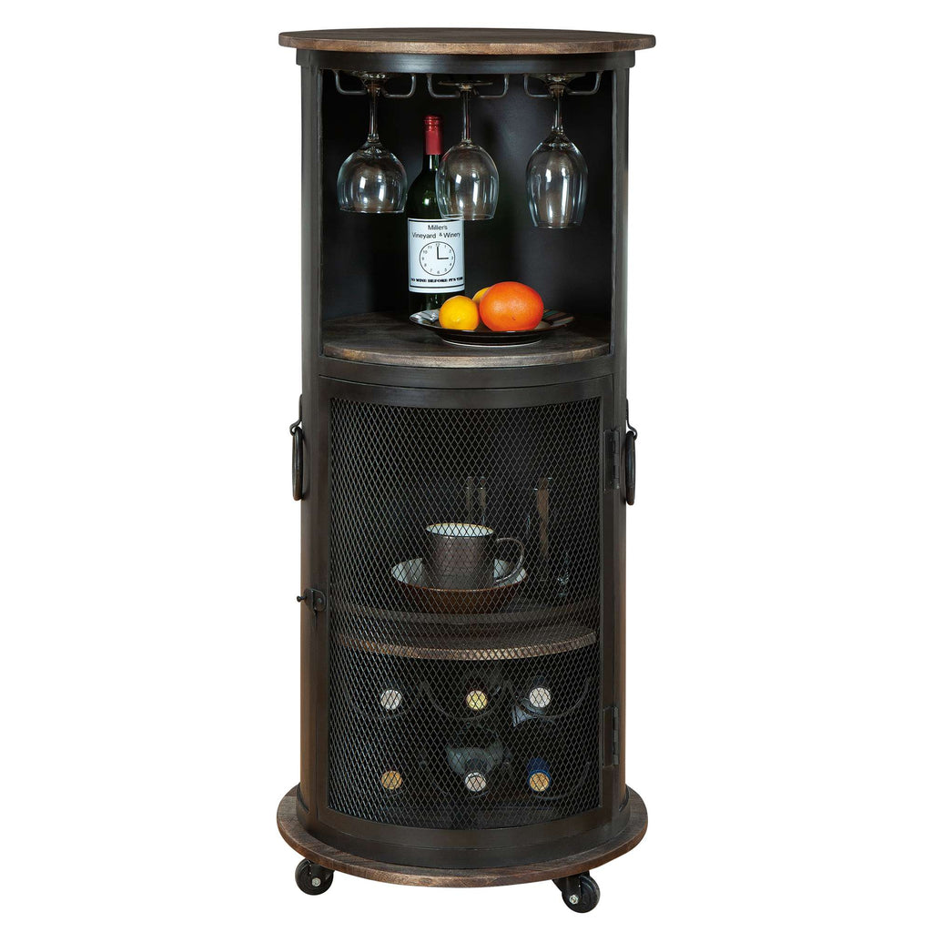 A stylish metal bar cabinet with wine and glass storage, featuring an upper shelf with a bottle of wine, fruits, and hanging wine glasses.