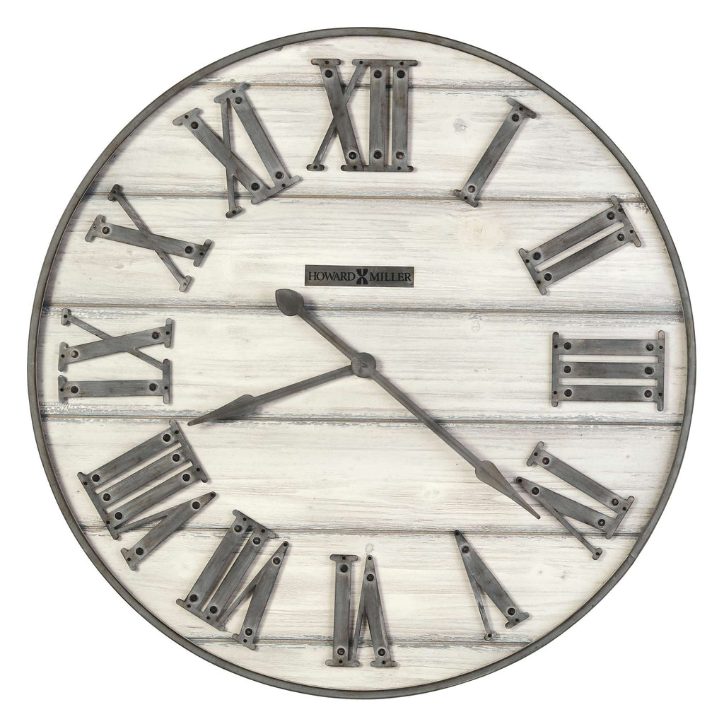A rustic wall clock with Roman numerals on a weathered wood background.