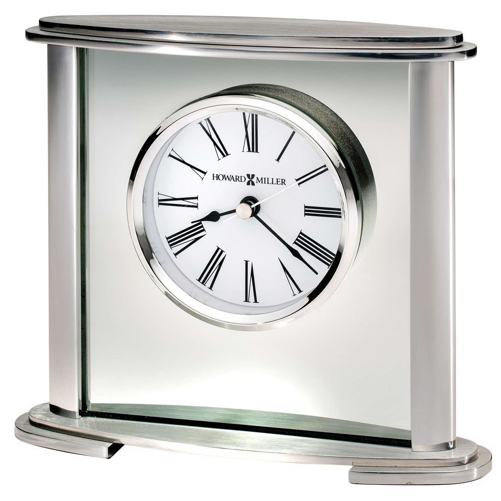 A stylish silver desk clock with a white face and Roman numerals.