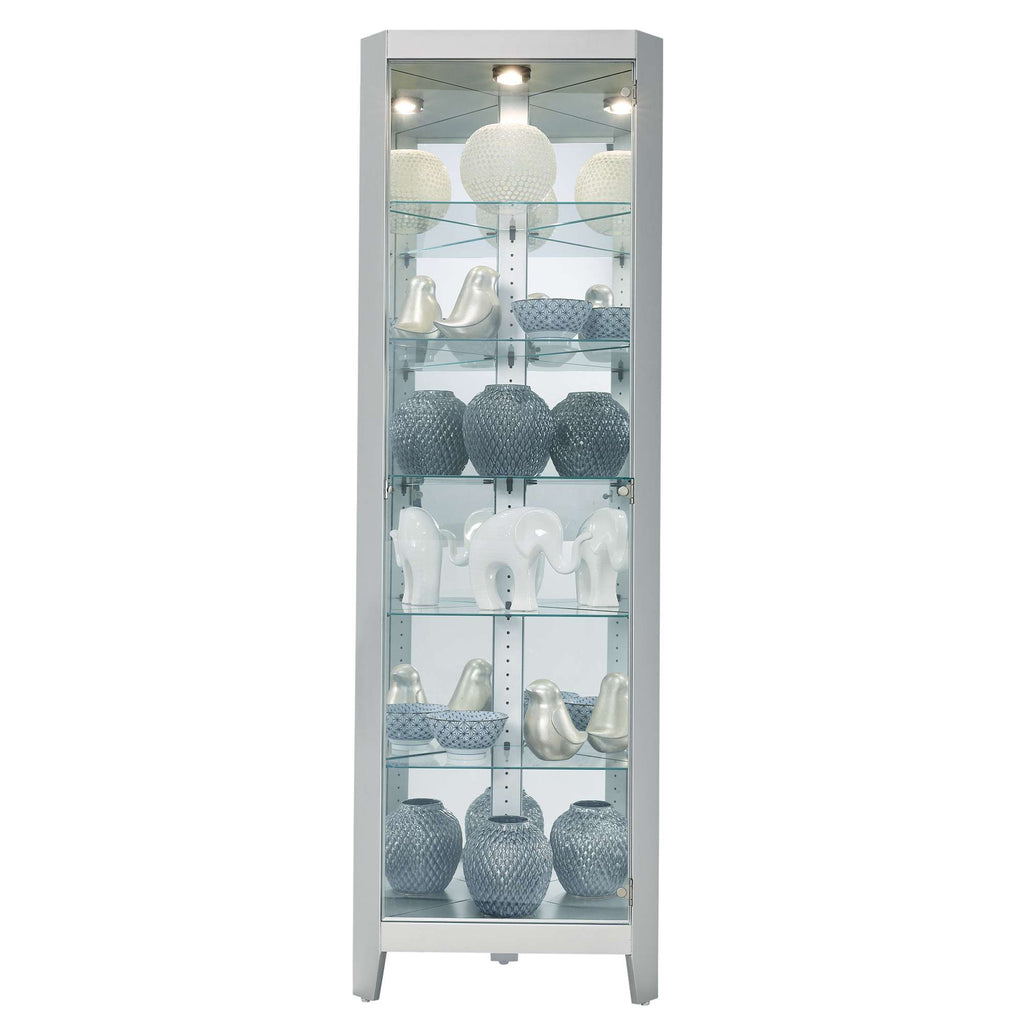 Glass display cabinet with decorative vases and objects