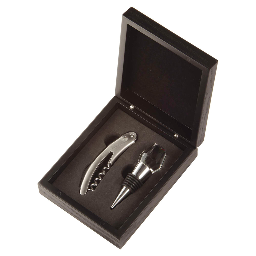 Wine tool set including a corkscrew and bottle stopper in a black gift box.