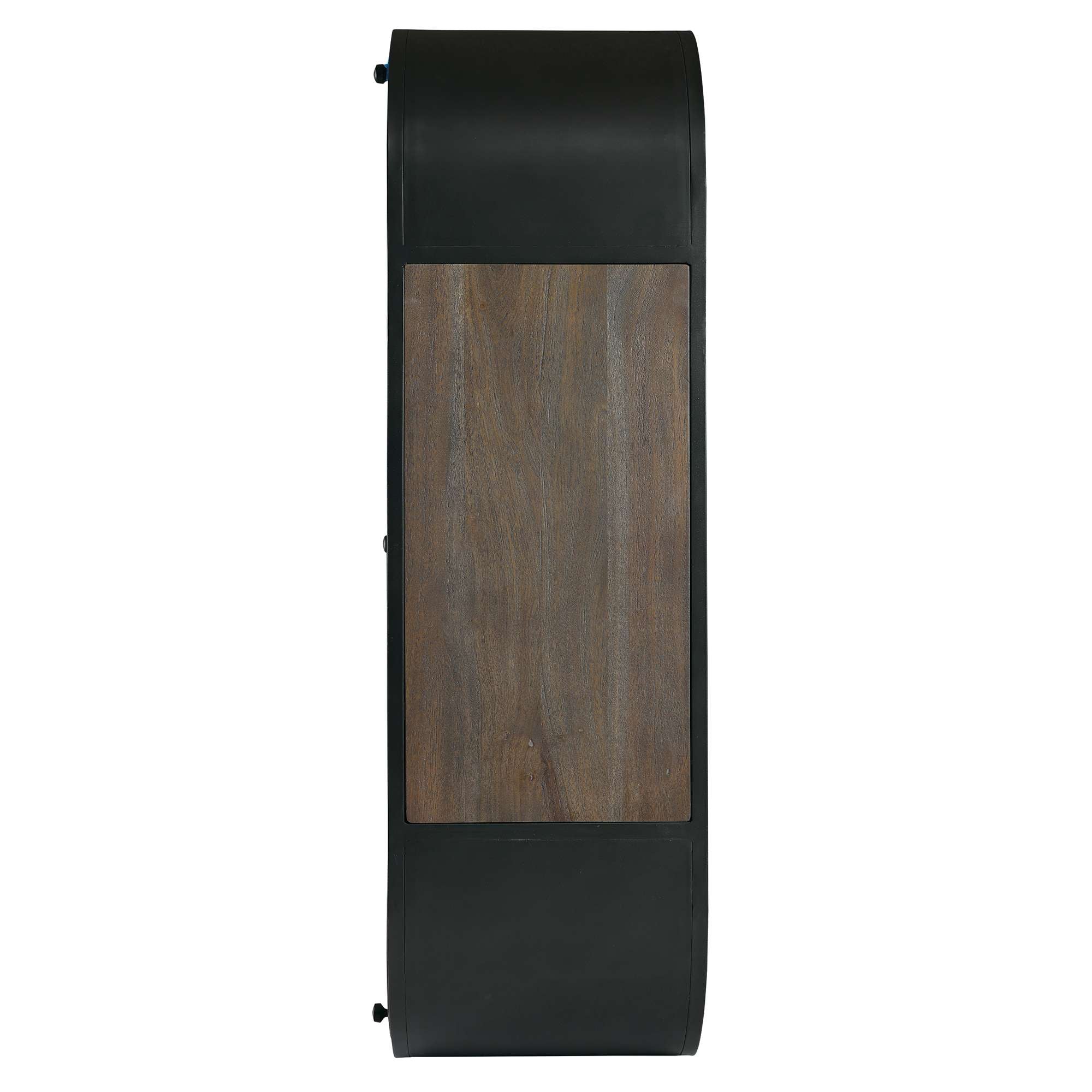 Side view of a modern wall-mounted shelf with a wooden panel.