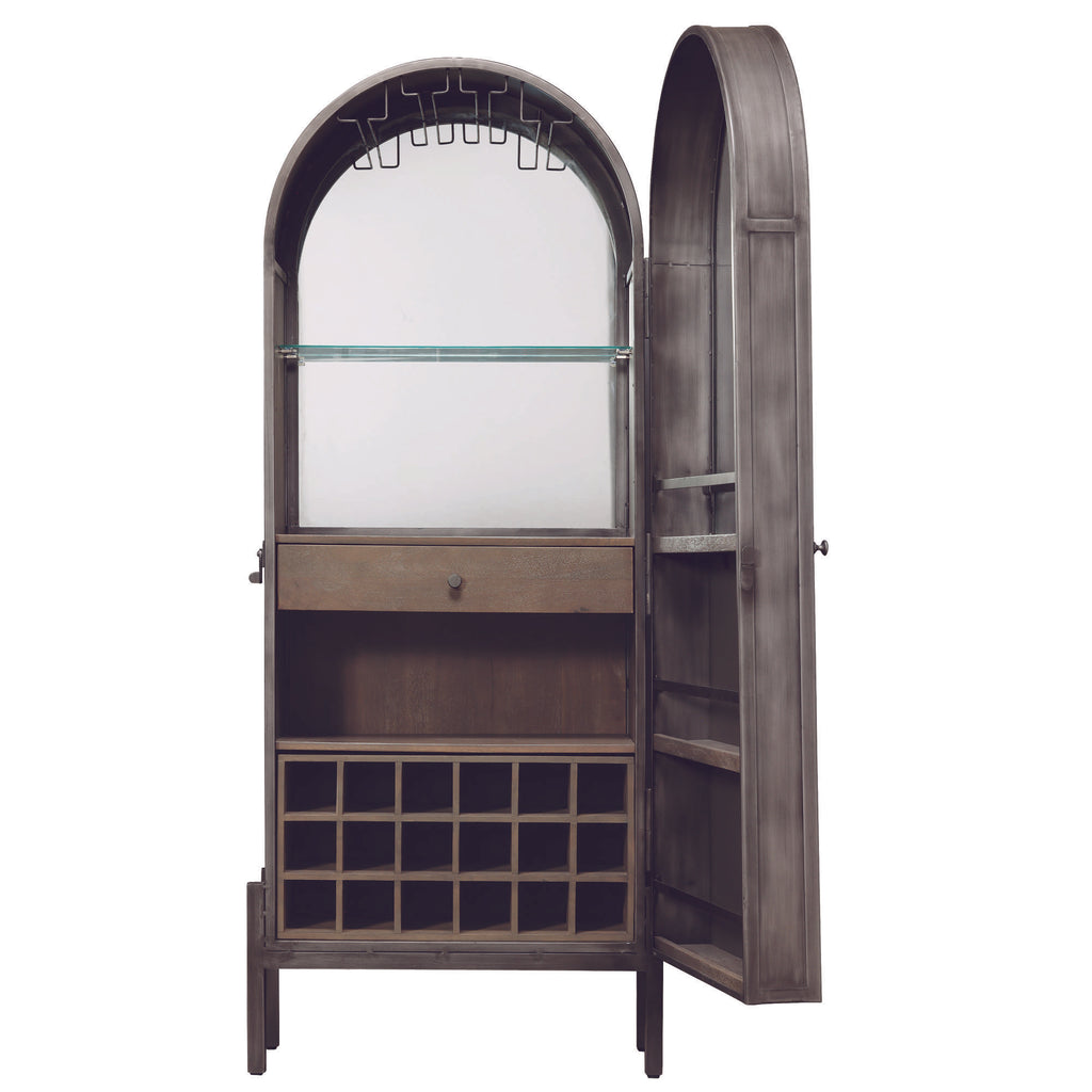 A stylish wooden cabinet with an arched top, featuring a glass shelf, a drawer, and wine storage compartments.