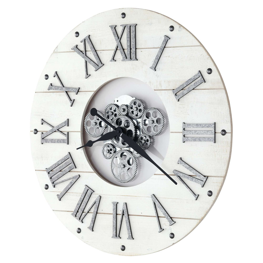 Vintage-style wall clock with Roman numerals and a gear design