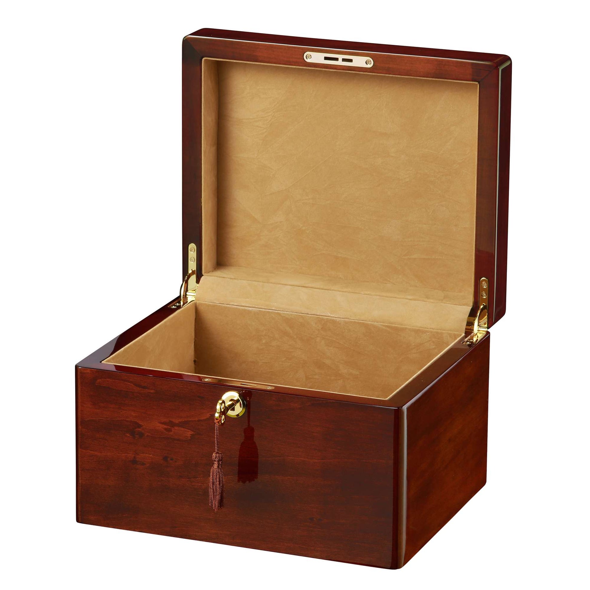 A closed wooden jewelry box with a smooth finish and plush interior.
