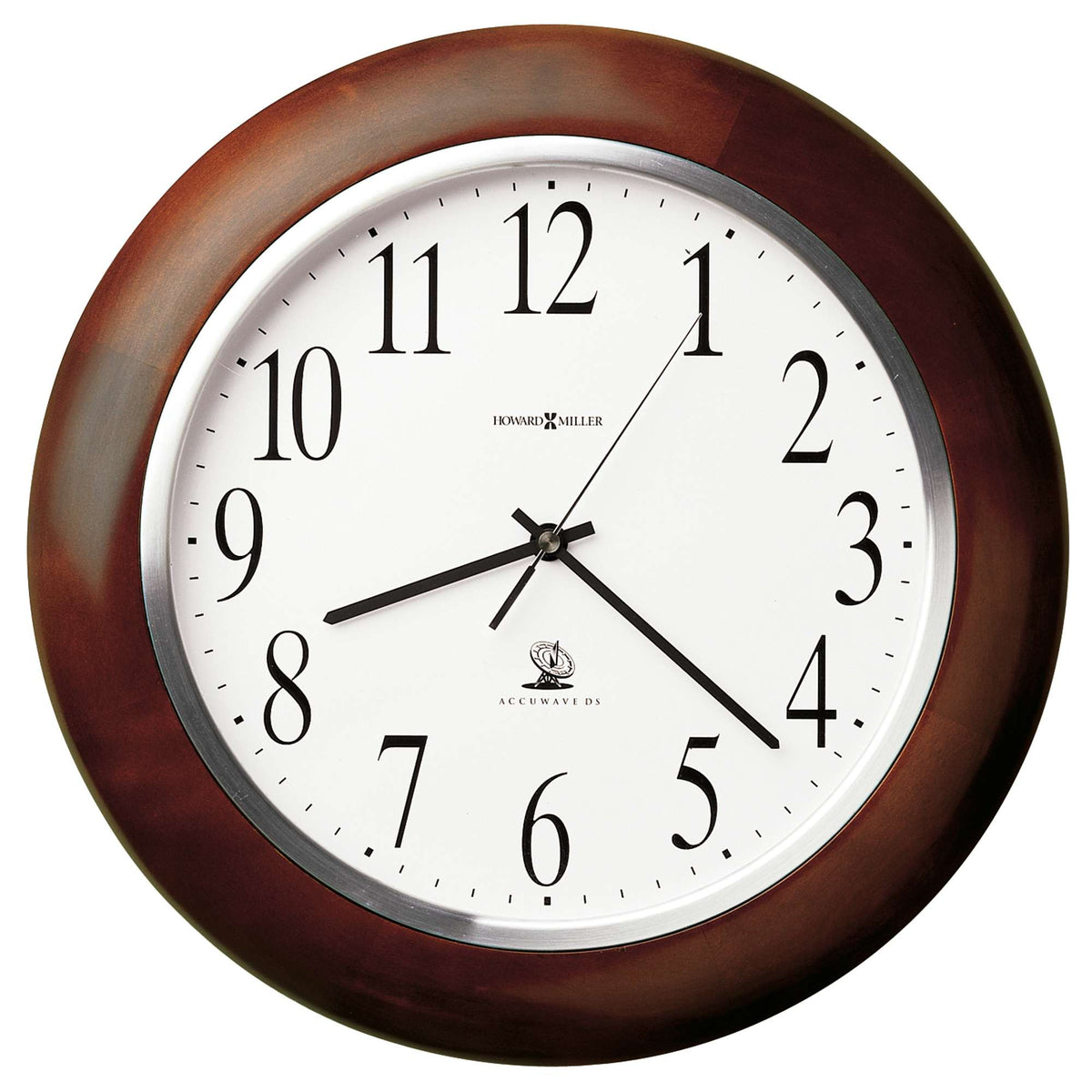 A round wall clock with a wooden frame and white face displaying large black numbers.