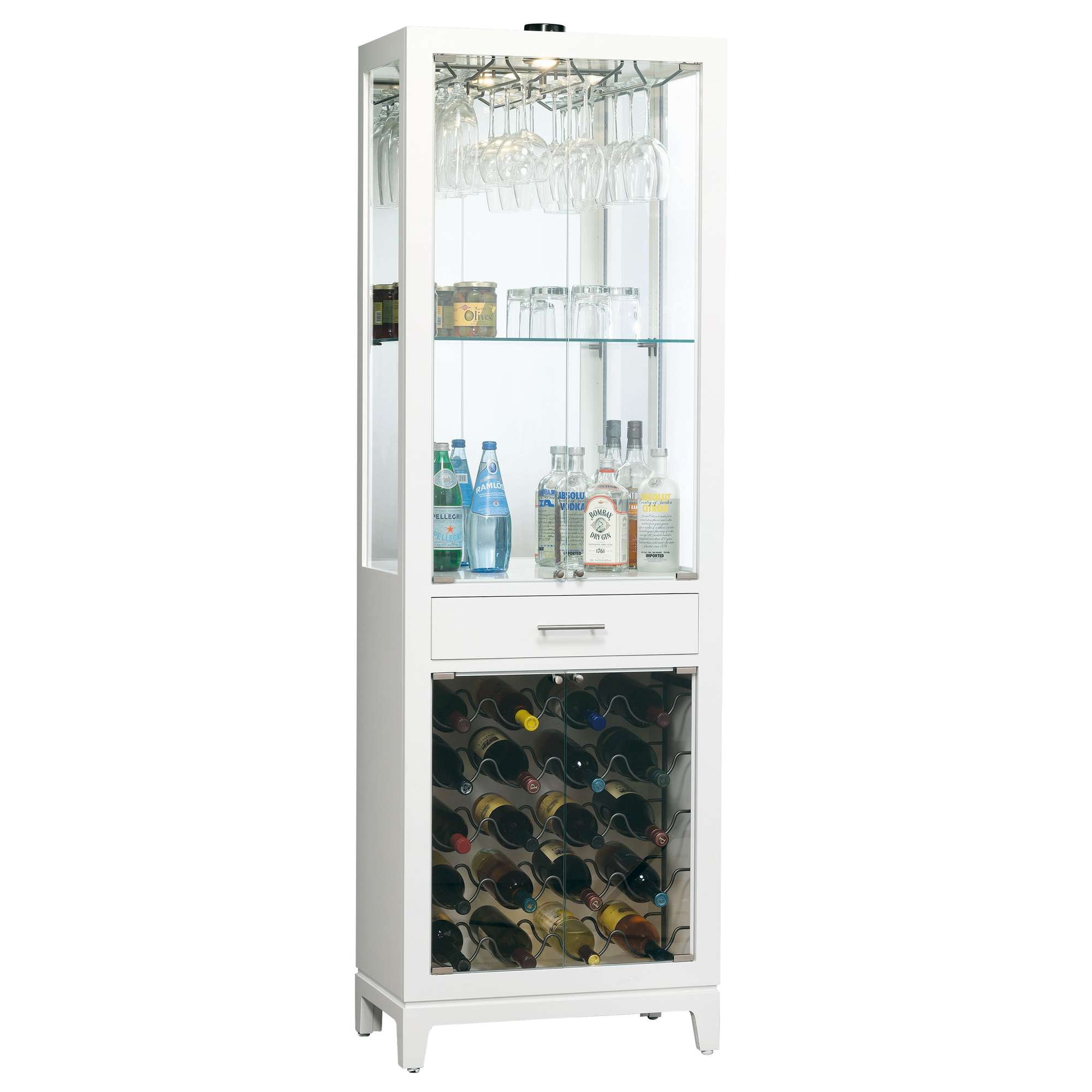 A tall white cabinet displaying glasses, bottles, and wine storage.