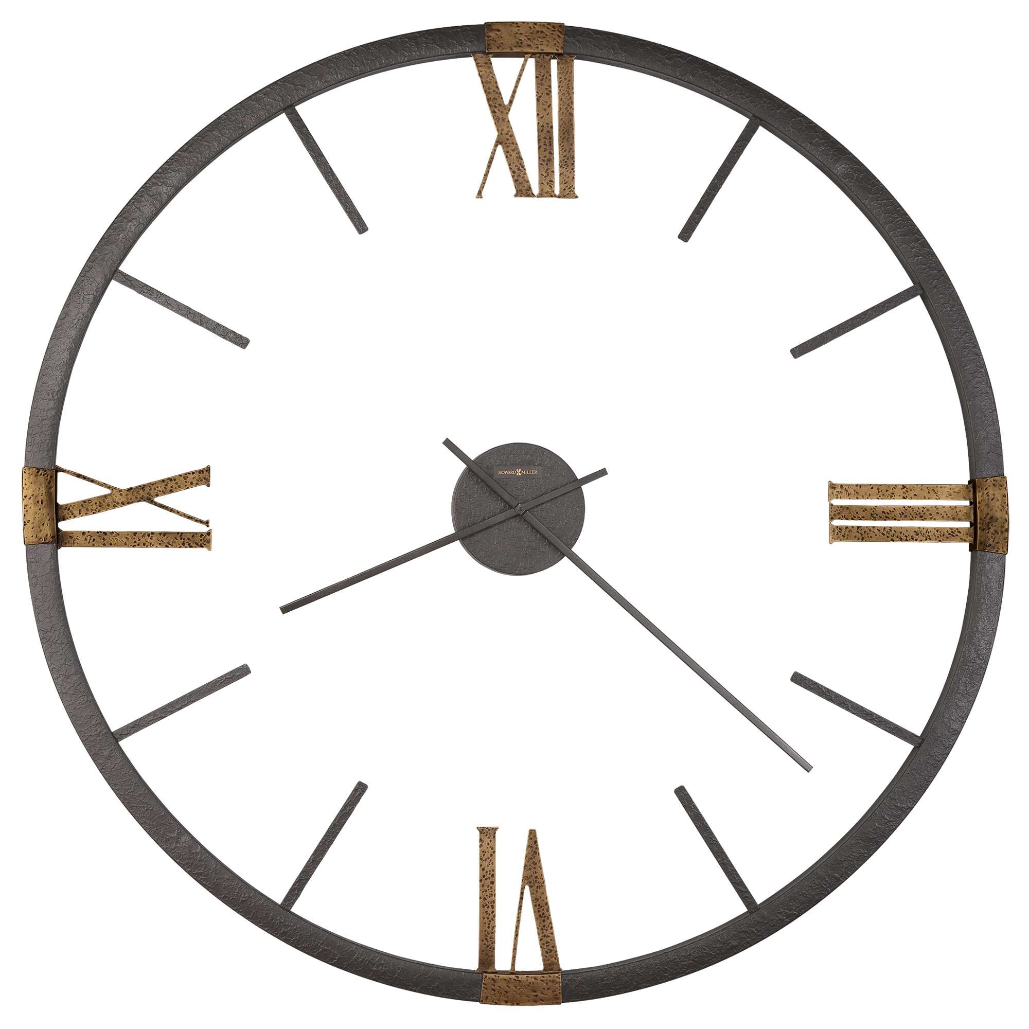 A round wall clock with Roman numerals and a black and gold color scheme.