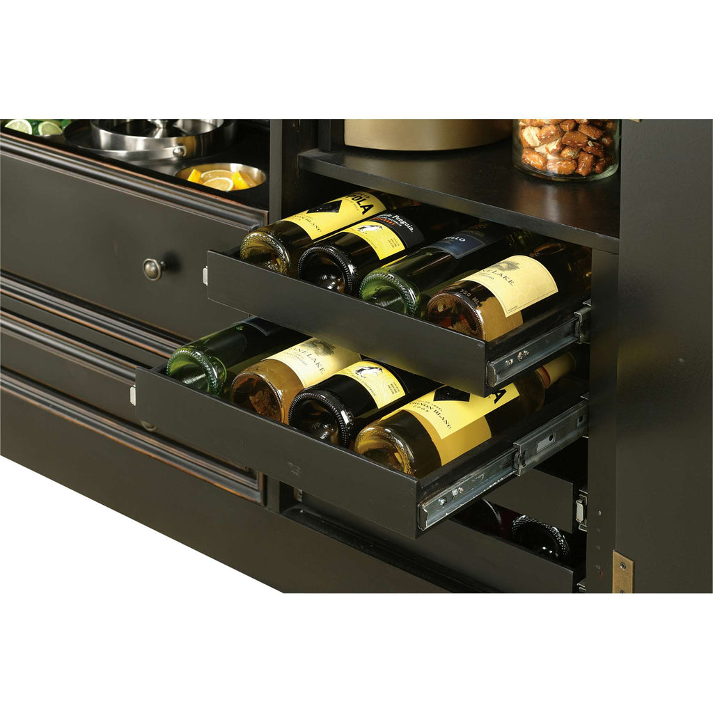 Wine bottles stored in sliding drawers of a cabinet.