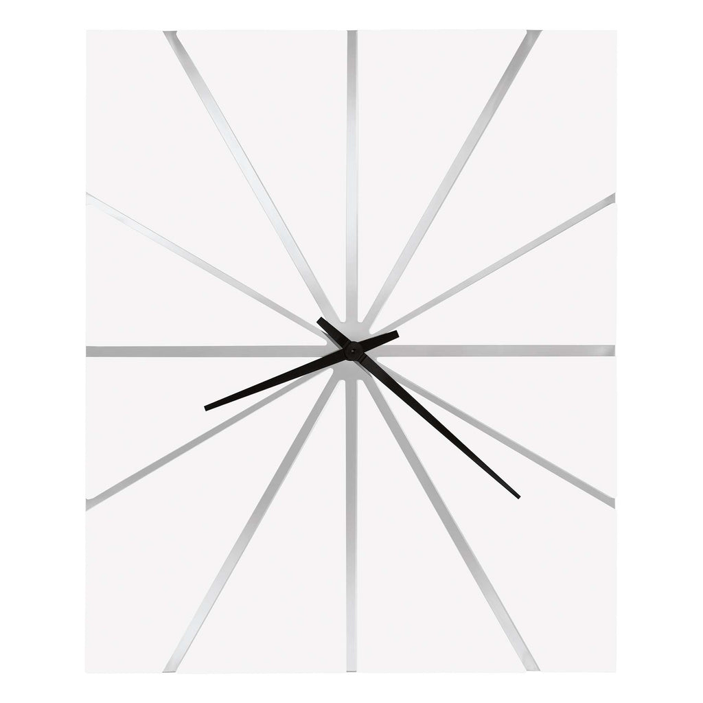 Modern wall clock with a minimalist design and black hands on a white background.