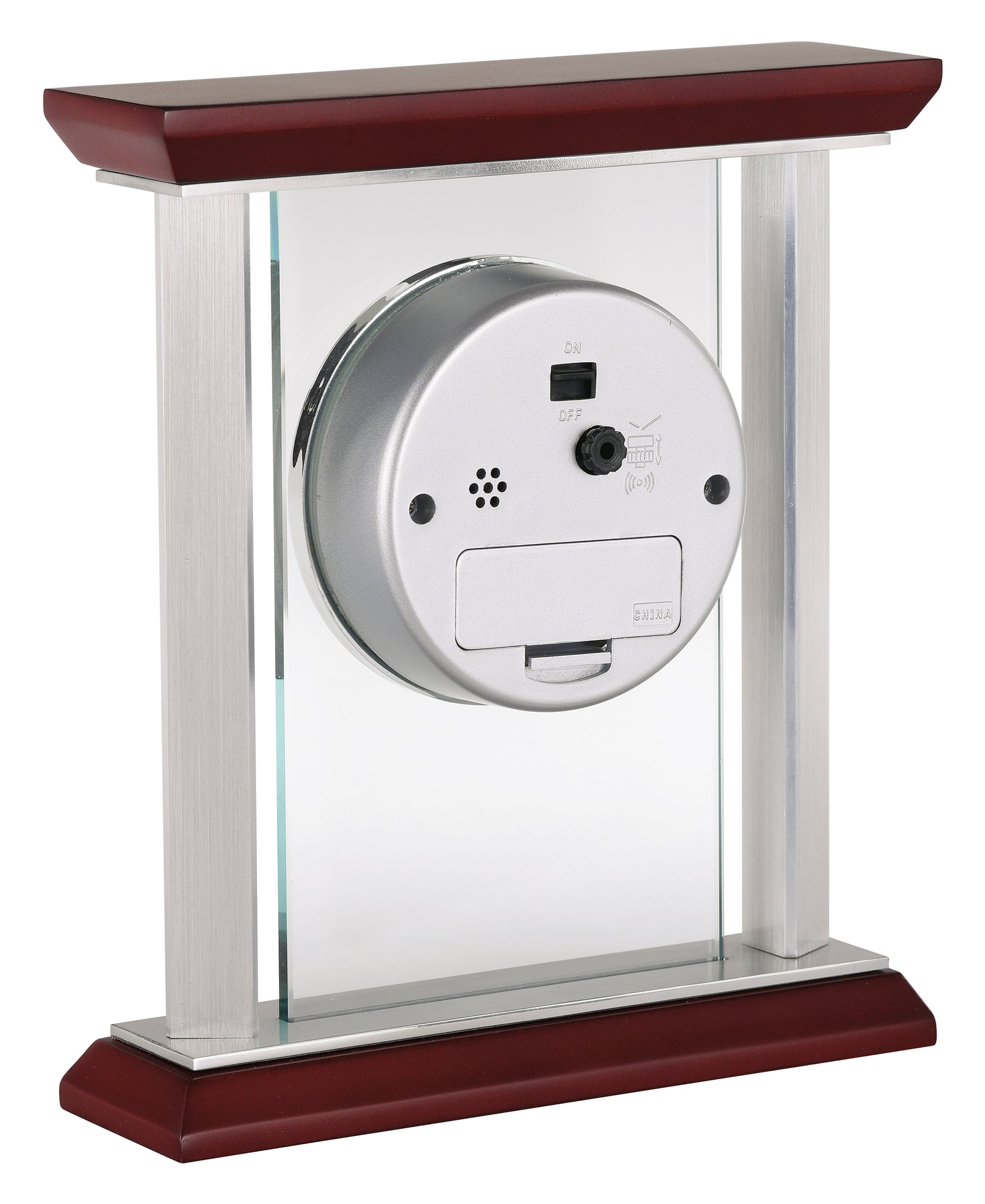 A decorative wall clock with a metal face and wooden frame.