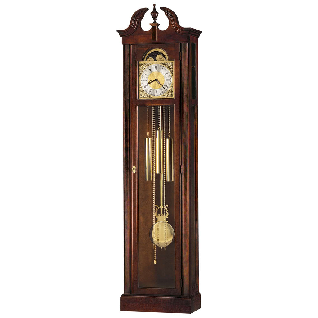 Wooden grandfather clock with pendulum and brass weights