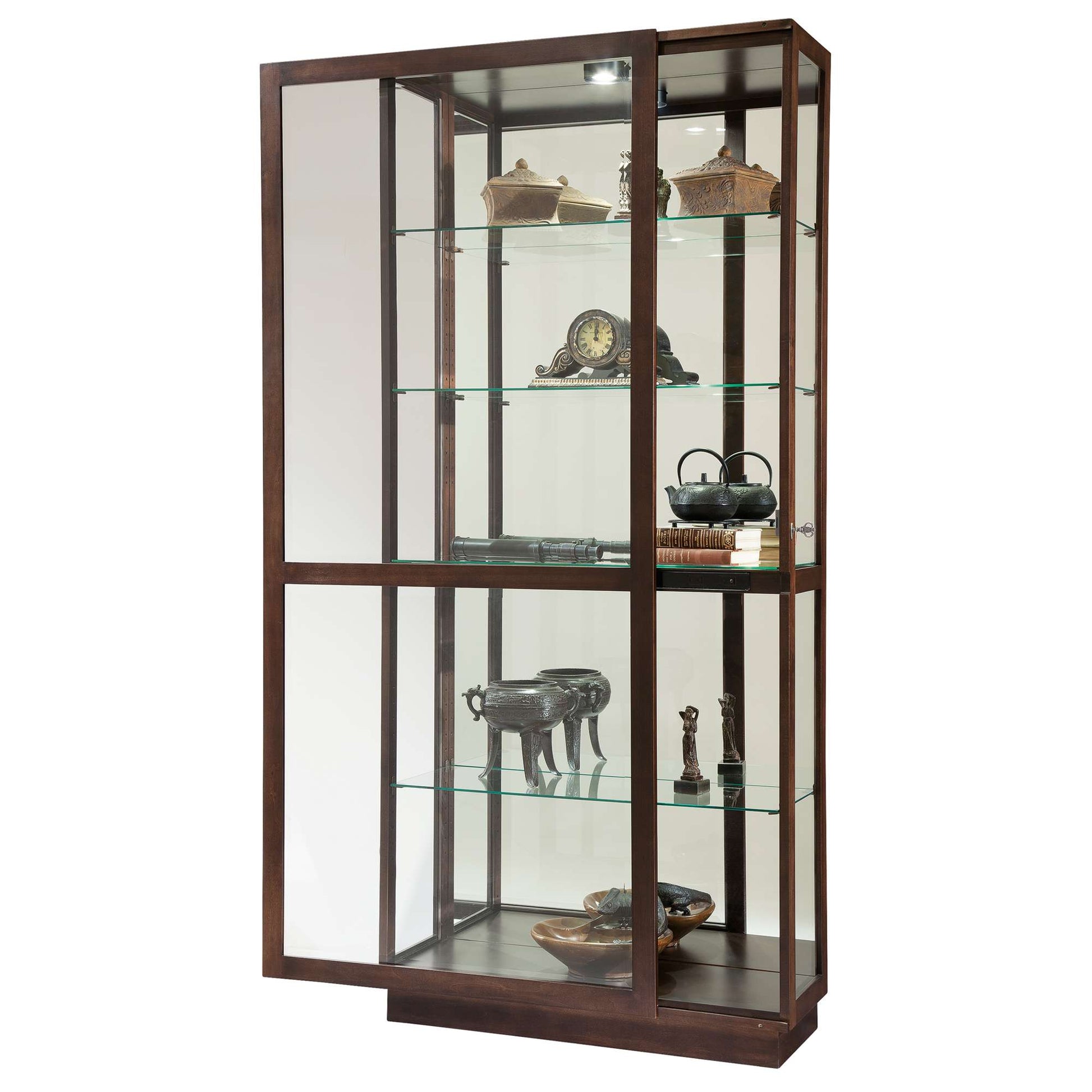 Modern glass display cabinet showcasing various decorative items