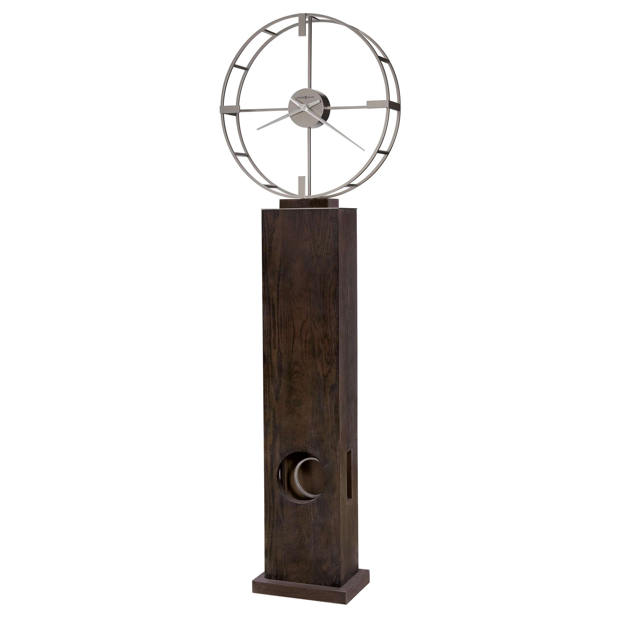 Modern decorative clock with a circular design on a wooden stand.