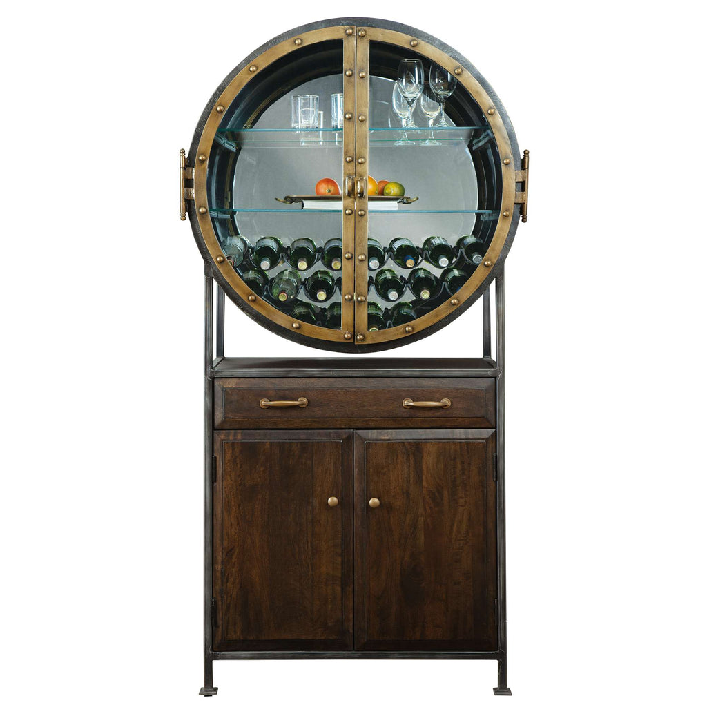 Vintage-style circular bar cabinet with glass shelves and storage below
