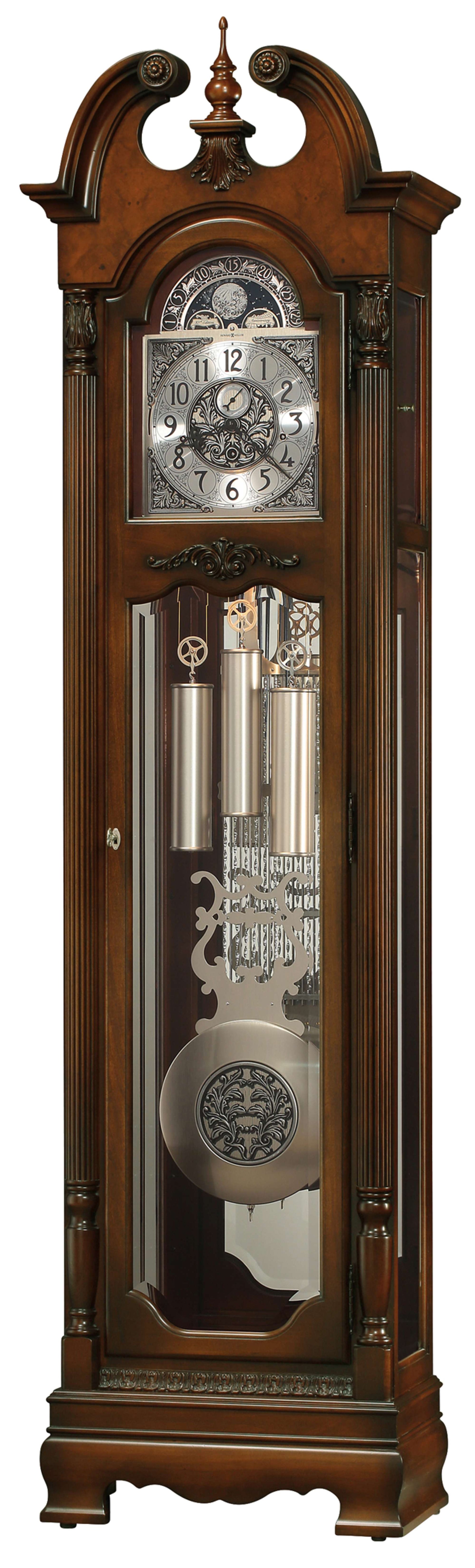 Antique wooden grandfather clock with intricate design and pendulum.