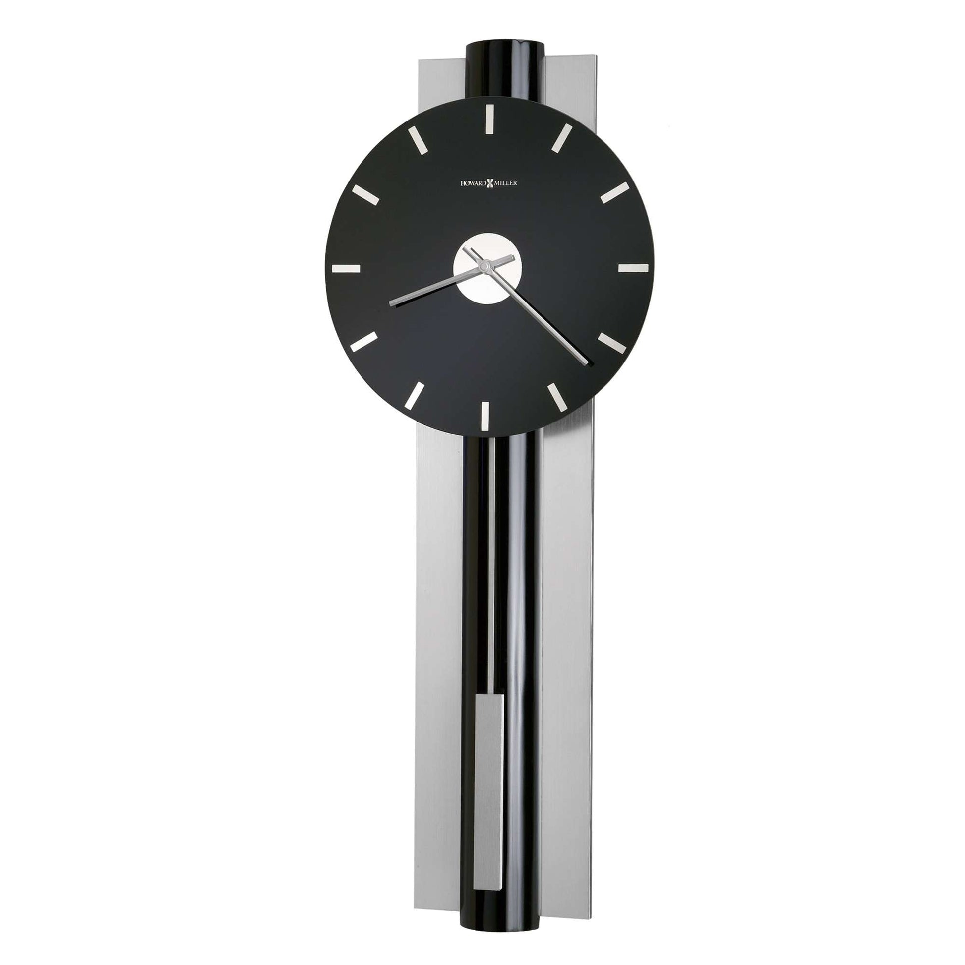 A modern wall clock with a black round face and silver accents.